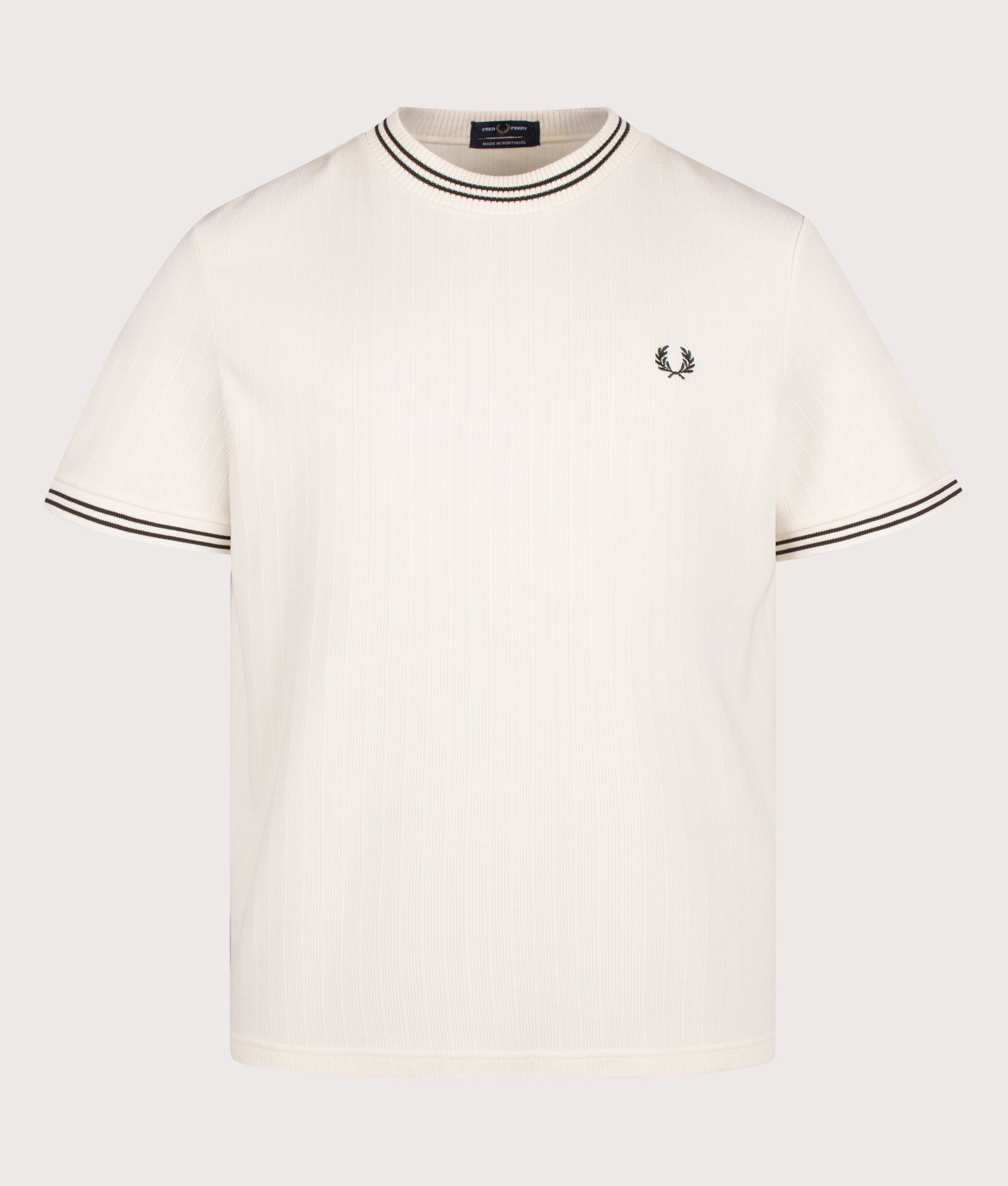 Fred Perry Regular Fit Ribbed Jersey T-Shirt in Ecru at EQVVS Menswear. Front shot.