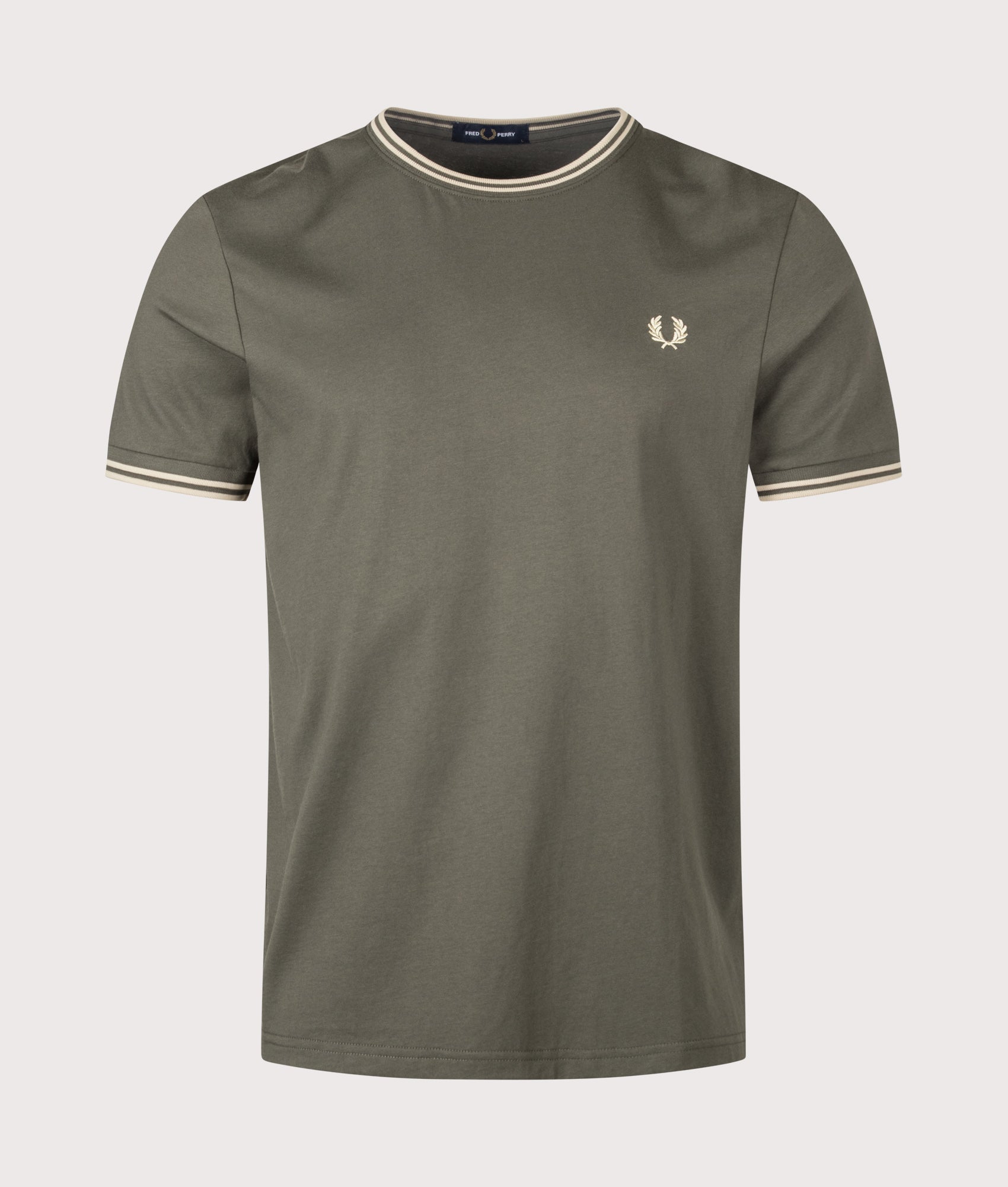 Fred Perry Regular Fit Twin Tipped T-Shirt in Field Green and Oatmeal at EQVVS Menswear. Front shot.