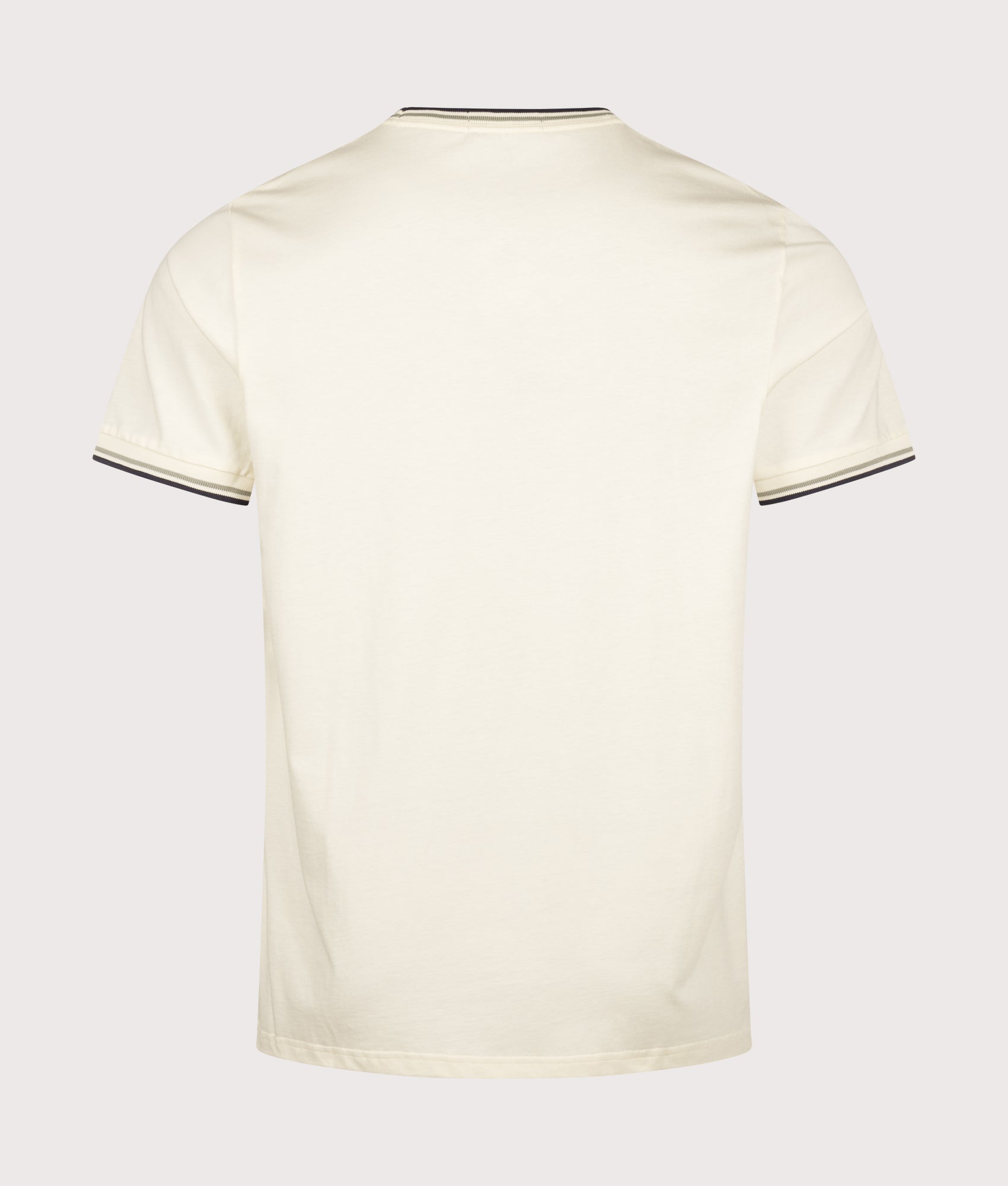 Fred Perry look, the Twin Tipped T-Shirt in Ecru, Seagrass and Dark Airforce at EQVVS Menswear. Back shot.