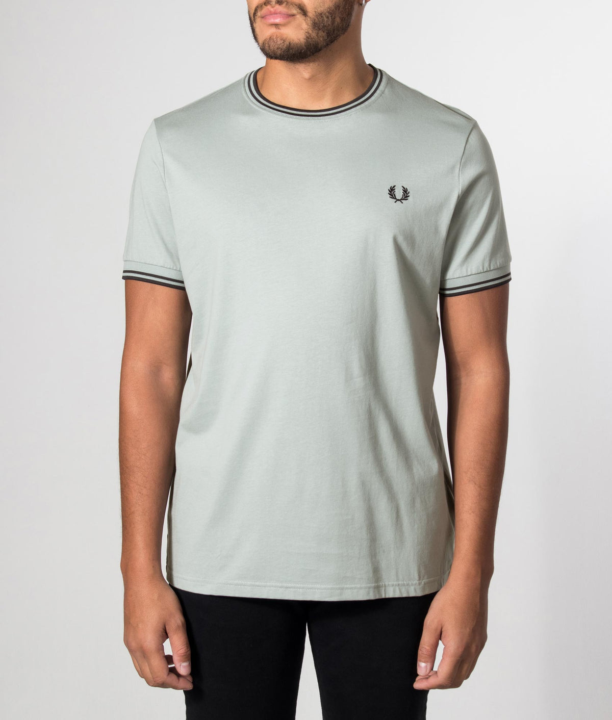 Fred Perry Twin Tipped T-Shirt in Silver Blue and Dark Airforce at EQVVS Menswear. Model front shot.