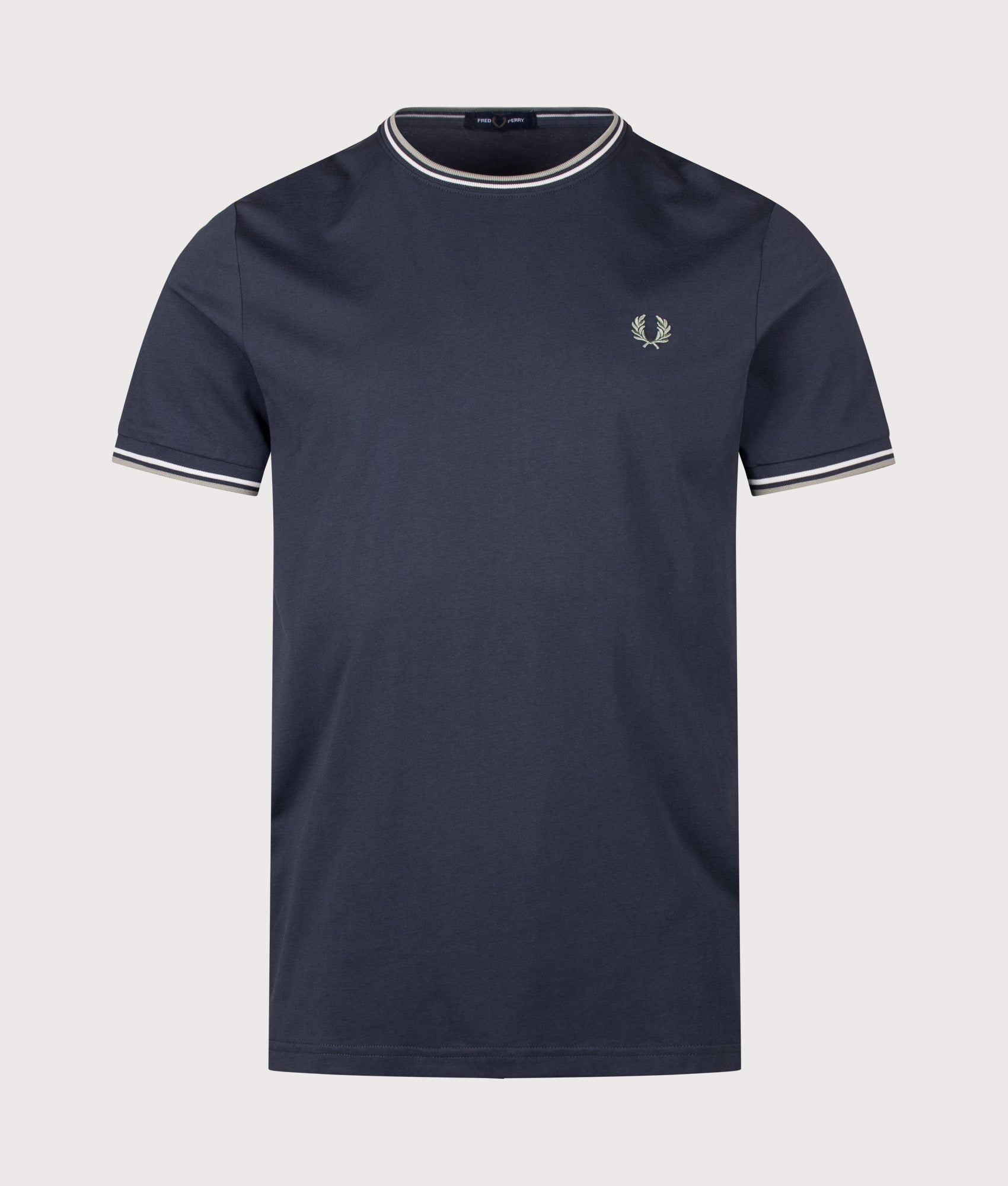 Fred Perry Regular Fit Twin Tipped T-Shirt in Dark Airforce, Ecru and Seagrass at EQVVS Menswear. Front shot.