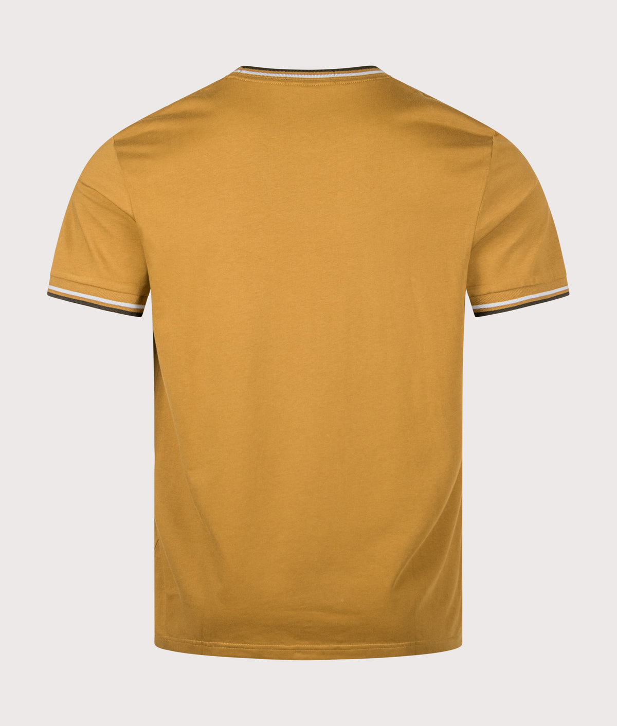 Fred Perry Regular Fit Twin Tipped T-Shirt in Dark Caramel, Dusky Blue and Night Green at EQVVS Menswear. Back shot.
