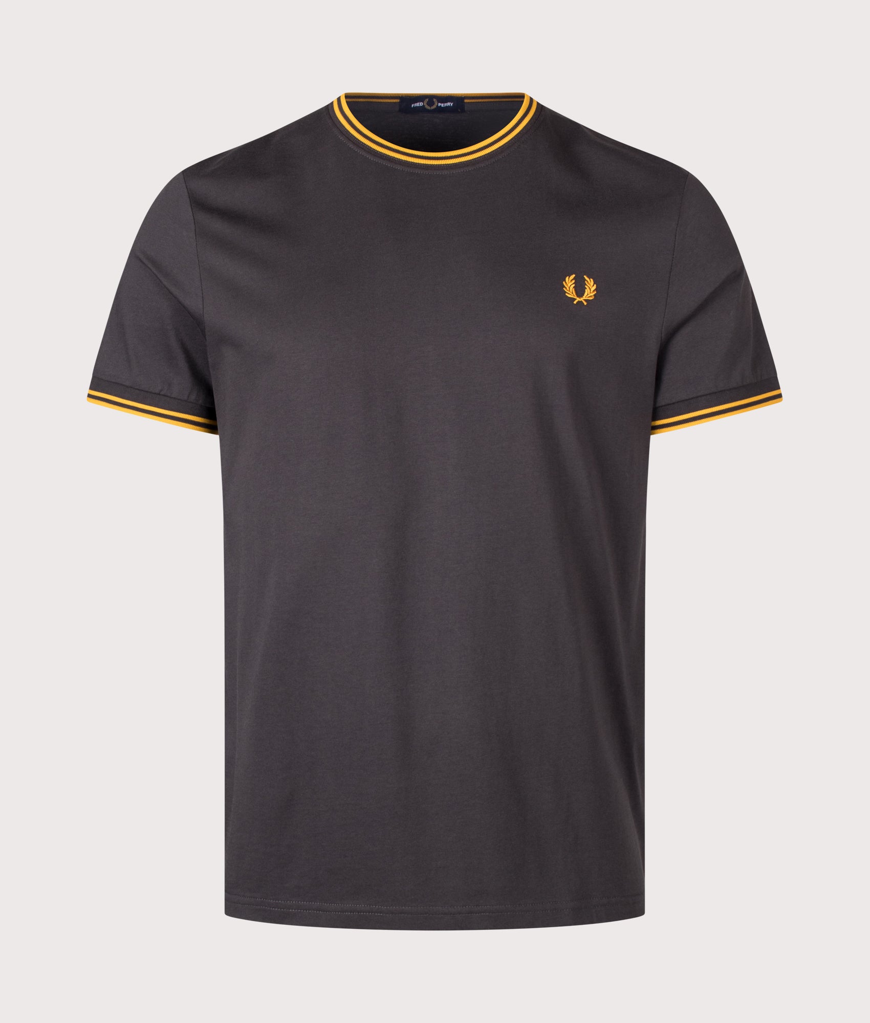 Fred Perry Regular Fit Twin Tipped T-Shirt in Anchor Grey and Golden at EQVVS Menswear. Front shot.