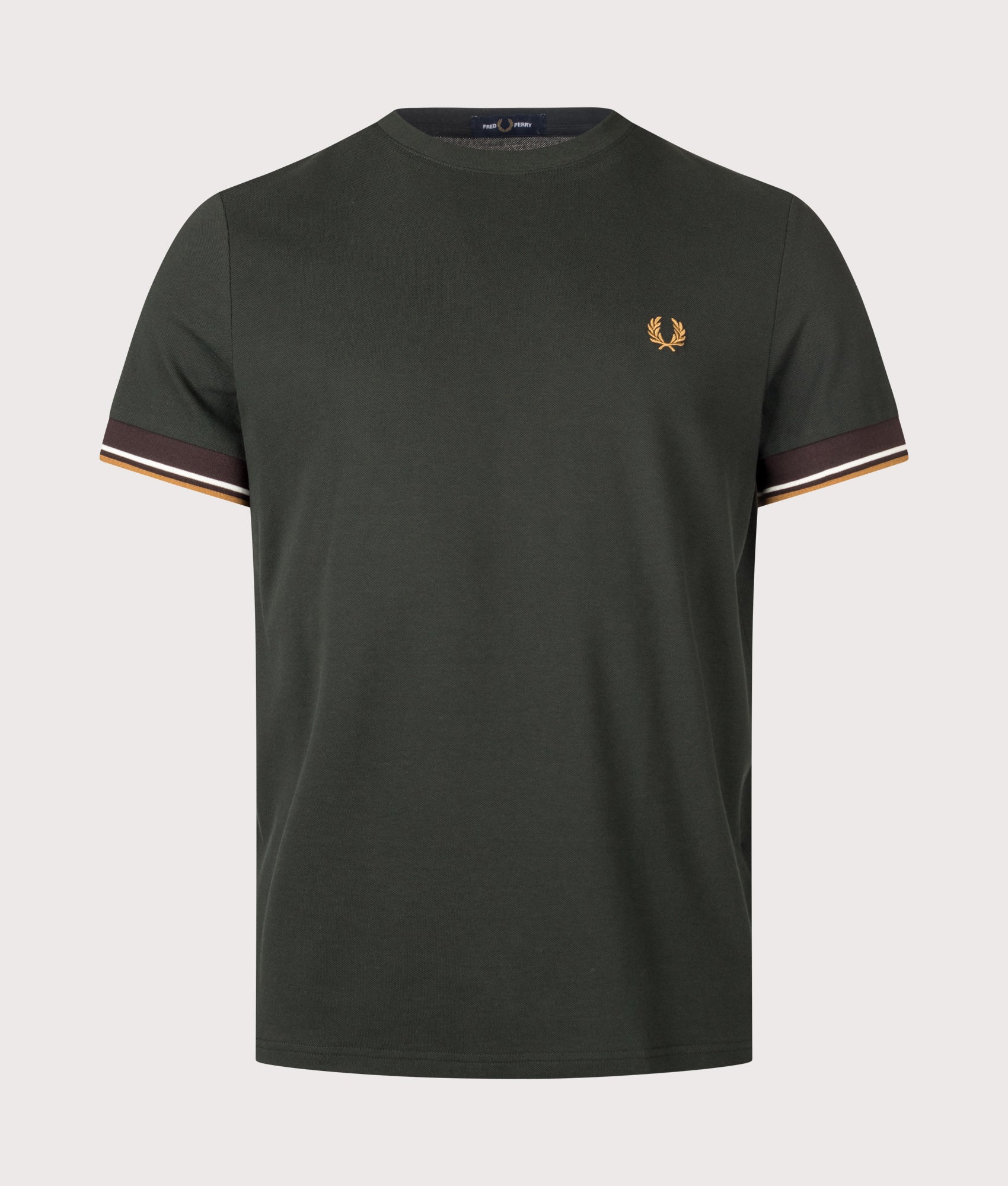 Fred Perry Regular Fit Twin Tipped Cuff T-Shirt in Night Green at EQVVS Menswear. Front shot.