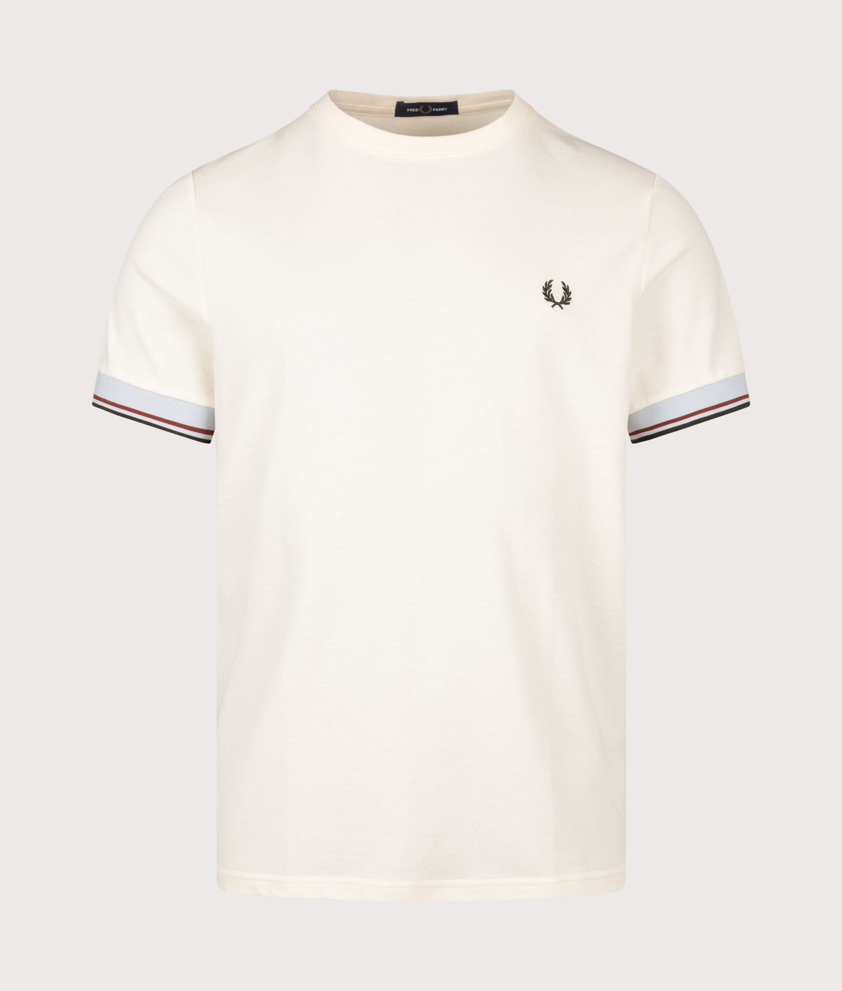 Fred Perry Regular Fit Twin Tipped Cuff T-Shirt in Ecru at EQVVS Menswear. Front shot.