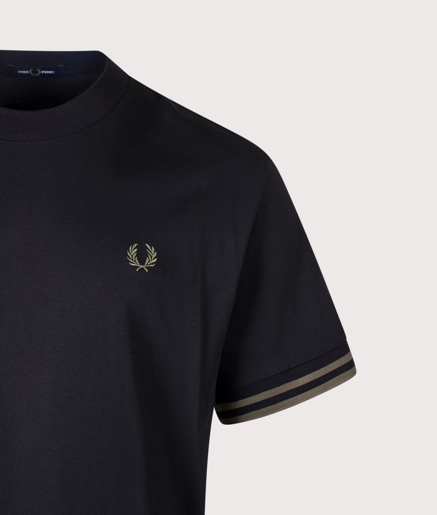 Fred Perry Relaxed Fit Bold Tipped T-Shirt in Black at EQVVS Menswear. Detail shot.