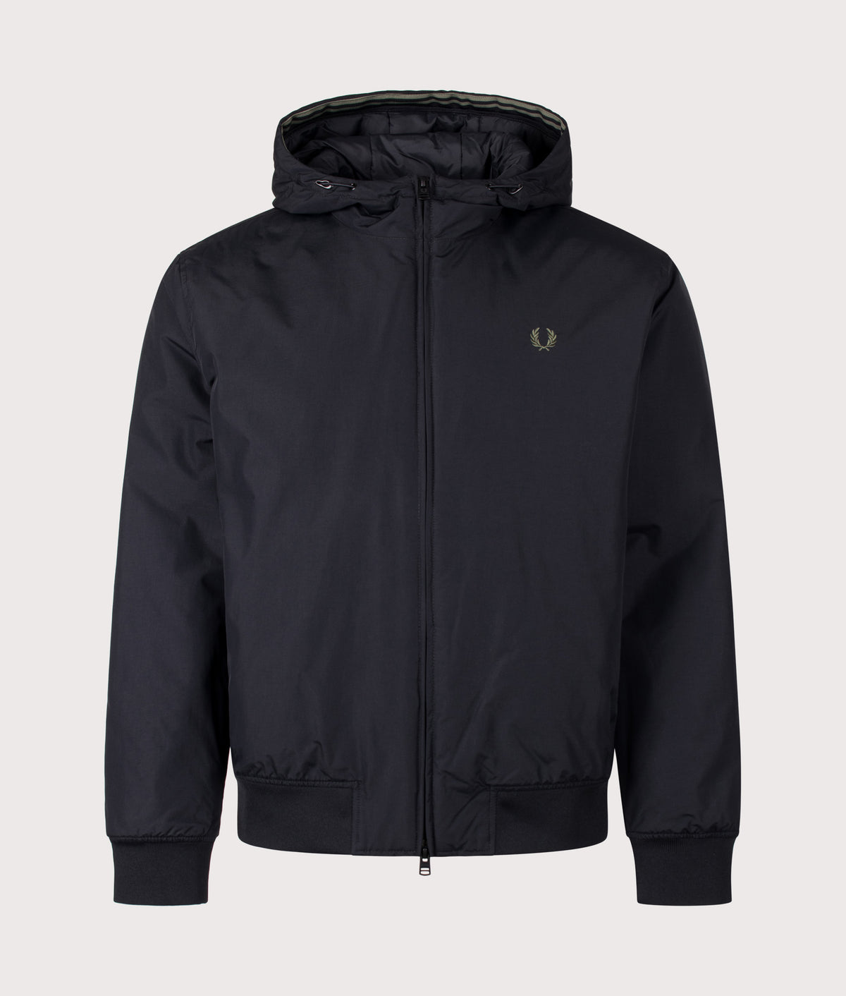 Fred Perry Regular Fit Hooded Brentham Jacket in Black at EQVVS Menswear. Front shot.