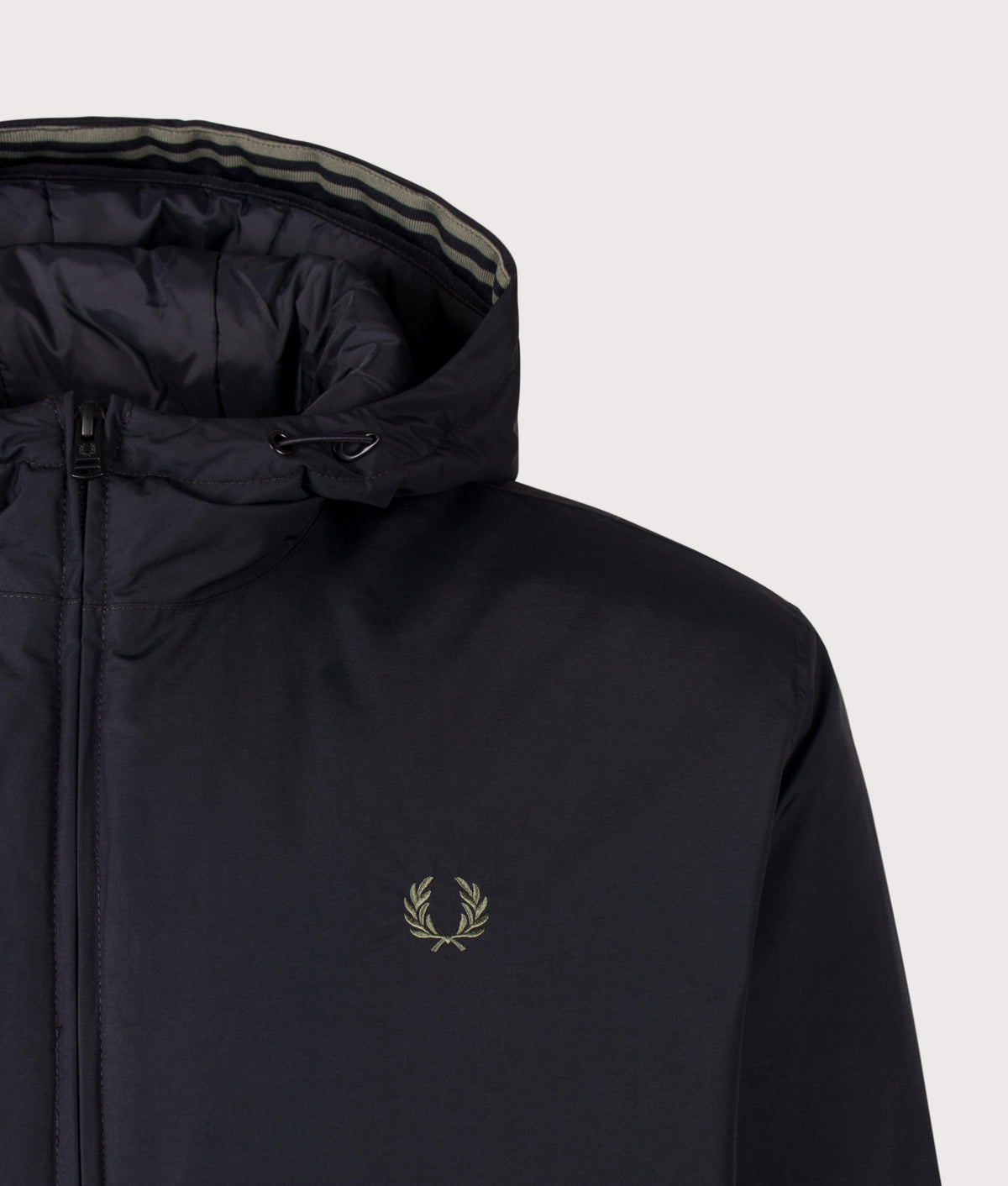 Fred Perry Regular Fit Hooded Brentham Jacket in Black at EQVVS Menswear. Detail shot.