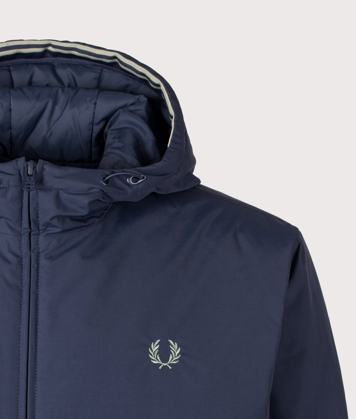 Fred Perry Regular Fit Hooded Brentham Jacket in Dark Airforce at EQVVS Menswear. Detail shot.