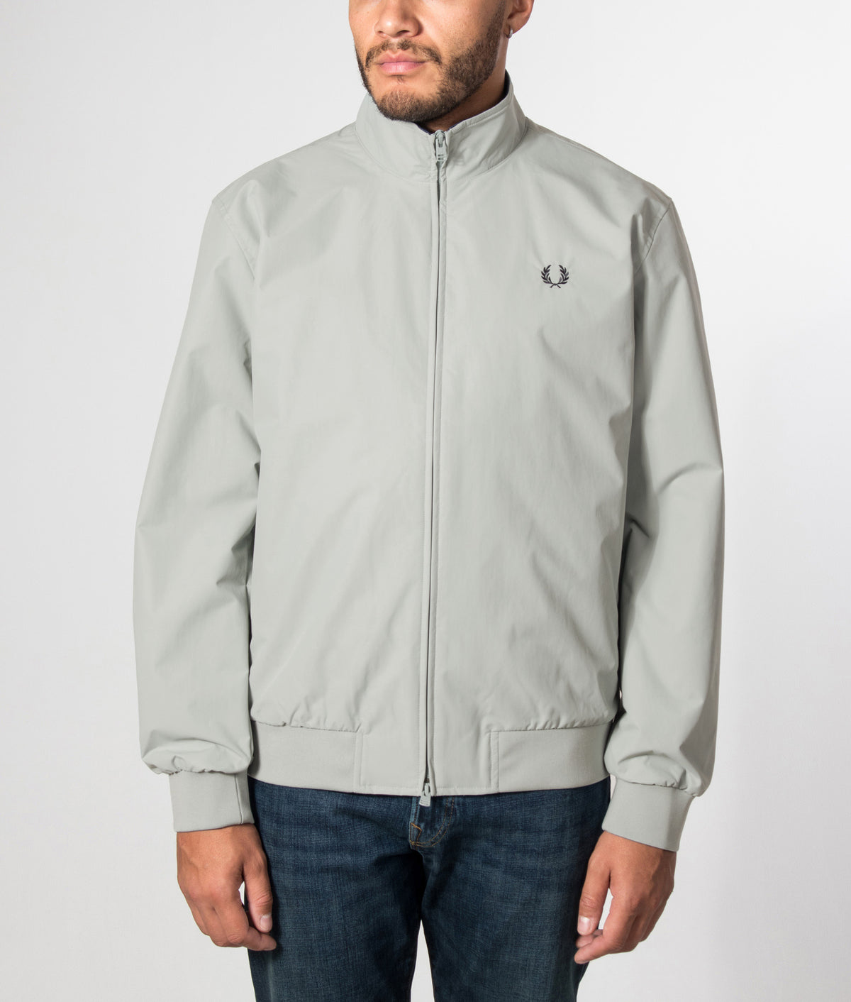 Fred Perry Regular Fit Brentham Jacket in Silver Blue at EQVVS Menswear. Model front shot.