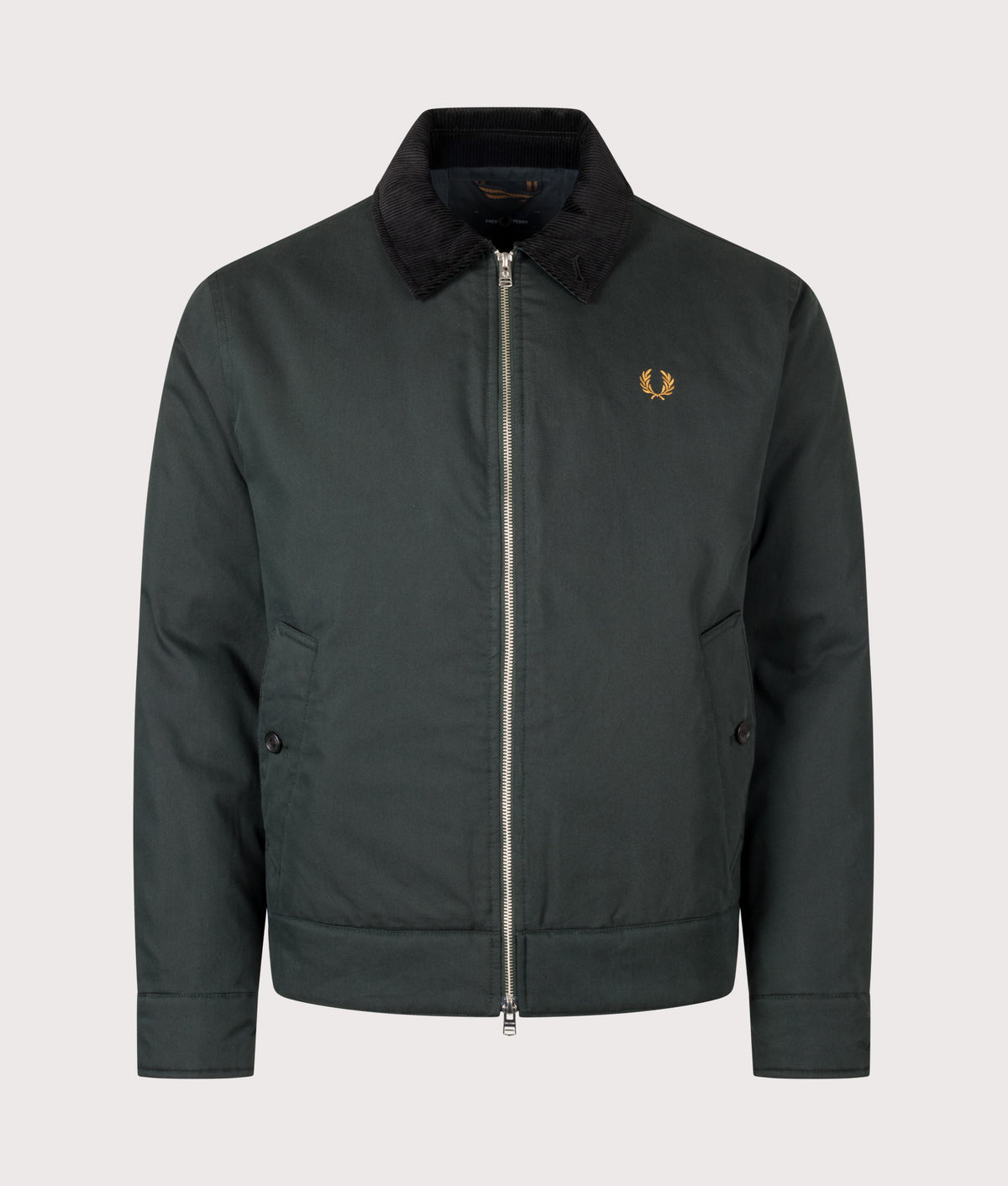 Fred Perry Regular Fit Cotton Caban Jacket in Night Green at EQVVS Menswear. Front shot.