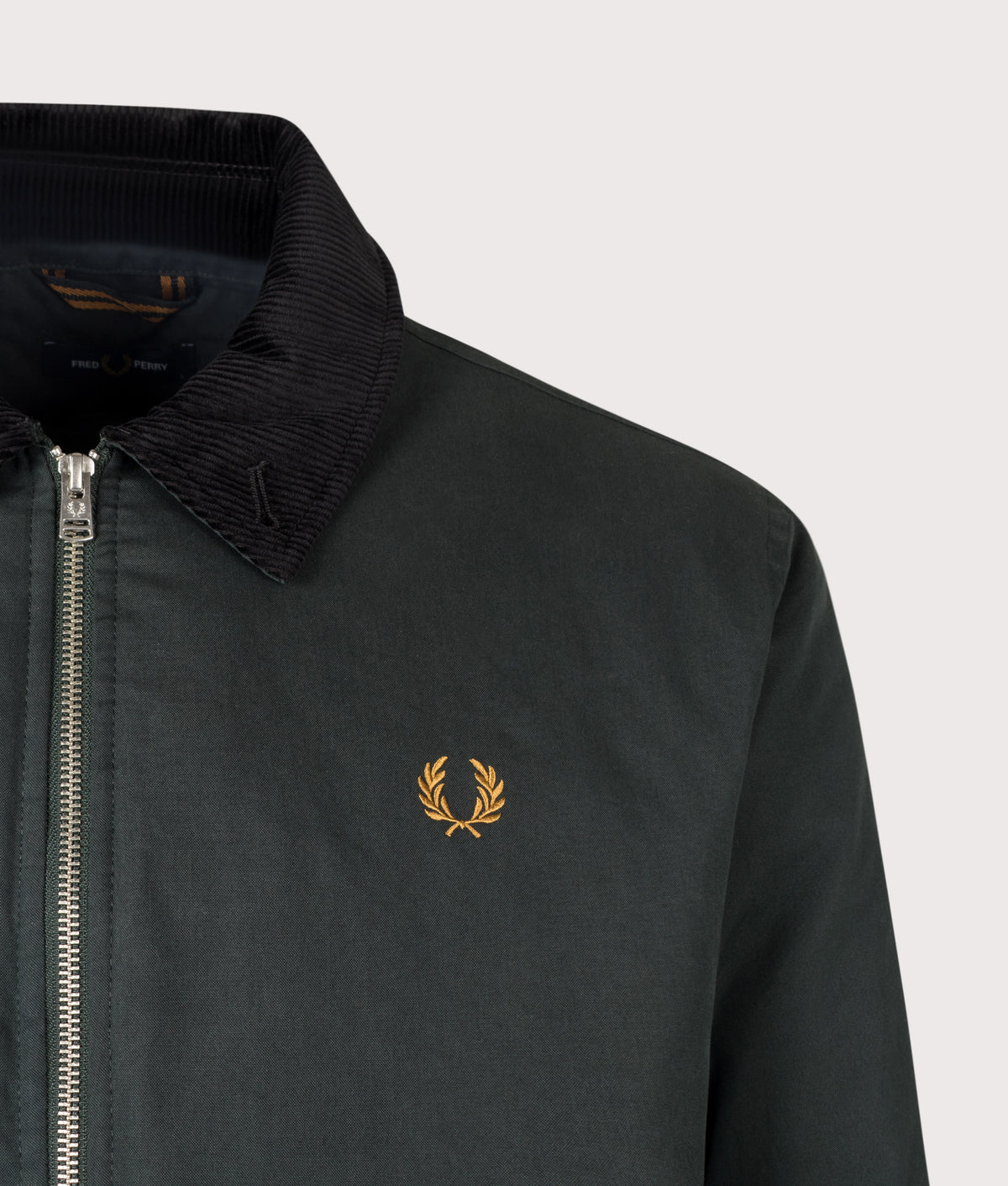 Fred Perry Regular Fit Cotton Caban Jacket in Night Green at EQVVS Menswear. Detail shot.