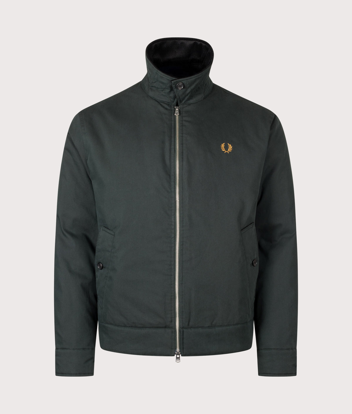 Fred Perry Regular Fit Cotton Caban Jacket in Night Green at EQVVS Menswear. Collar up shot.
