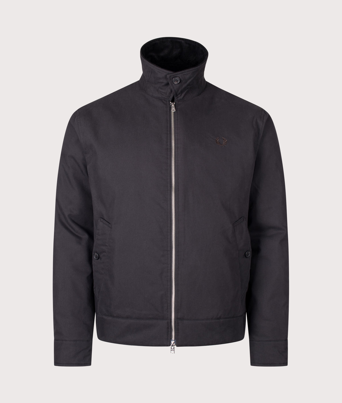 Fred Perry Regular Fit Cotton Caban Jacket in Black at EQVVS Menswear. Front shot.