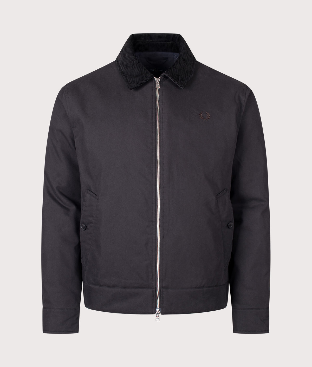Fred Perry Regular Fit Cotton Caban Jacket in Black at EQVVS Menswear. Front shot.