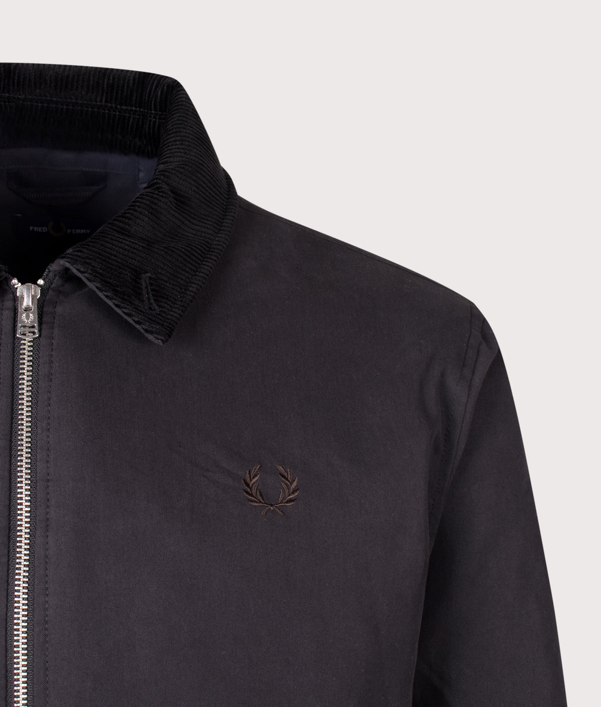 Fred Perry Regular Fit Cotton Caban Jacket in Black at EQVVS Menswear. Detail shot.