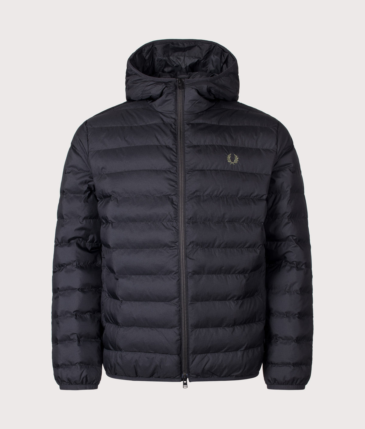 Fred Perry Regular Fit Hooded Insulated Jacket in Black at EQVVS Menswear. Front shot,
