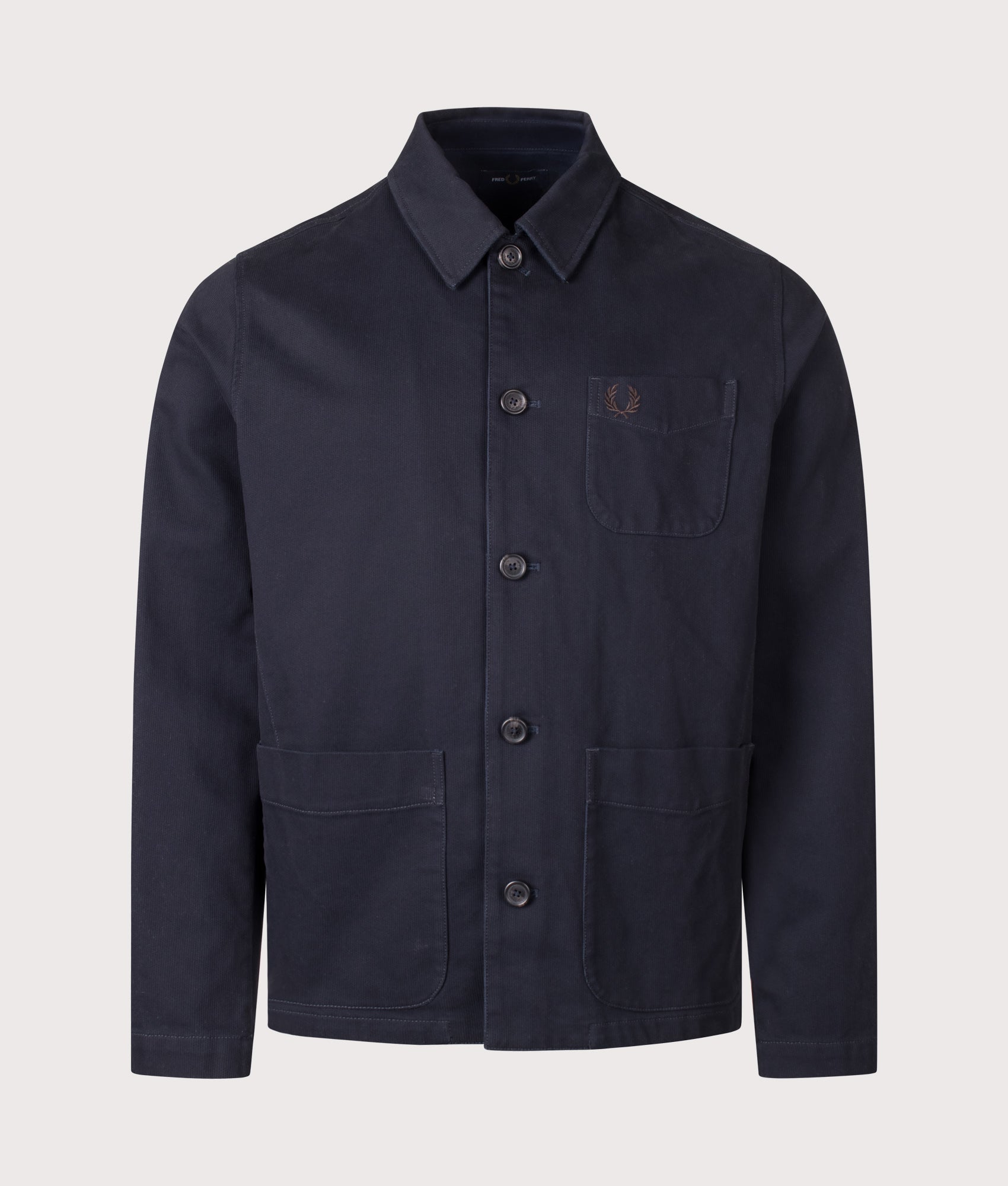 Fred Perry Regular Fit Bedford Cord Overshirt in Navy at EQVVS Menswear. Front shot.
