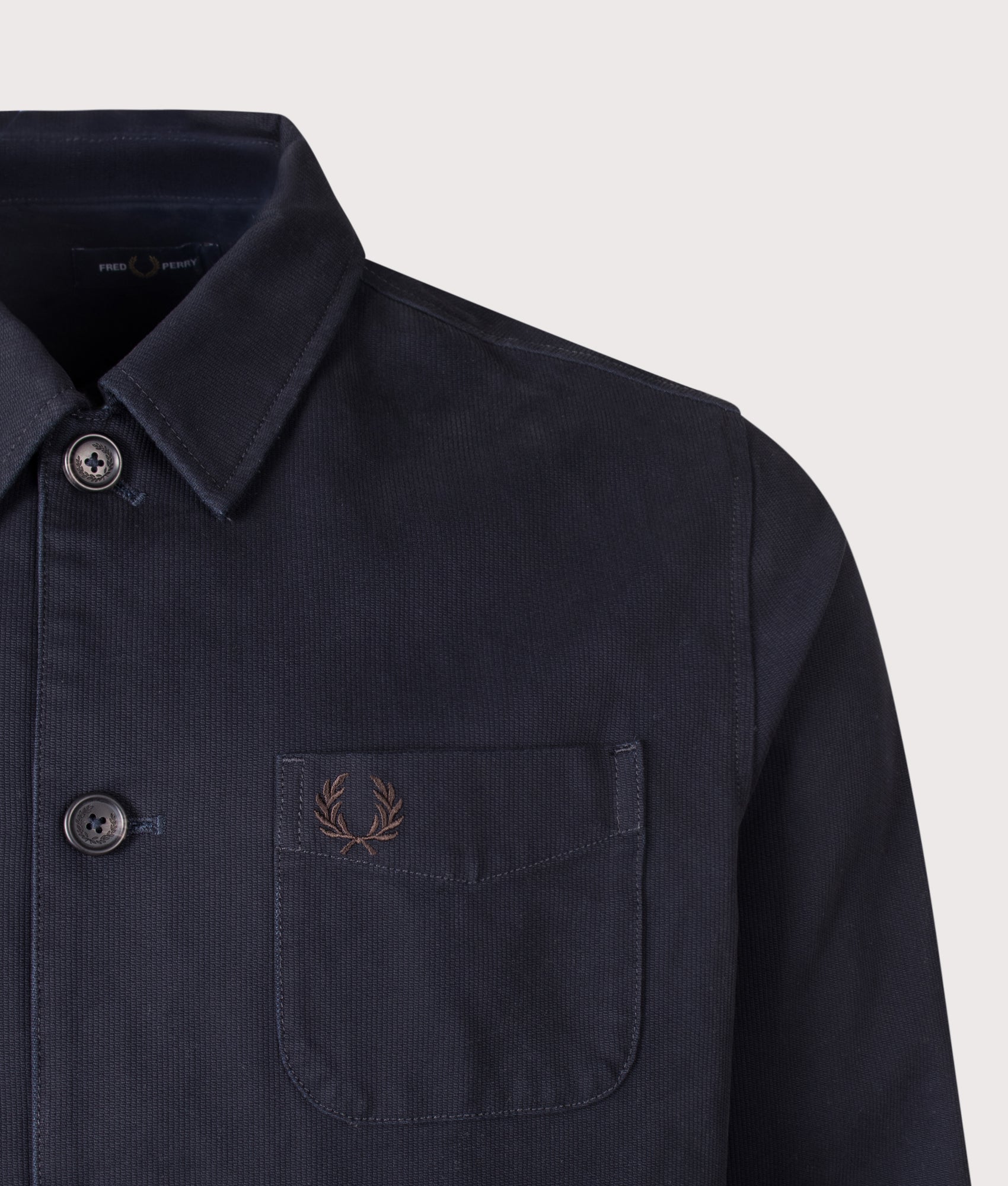 Fred Perry Regular Fit Bedford Cord Overshirt in Navy at EQVVS Menswear.  Detail shot.