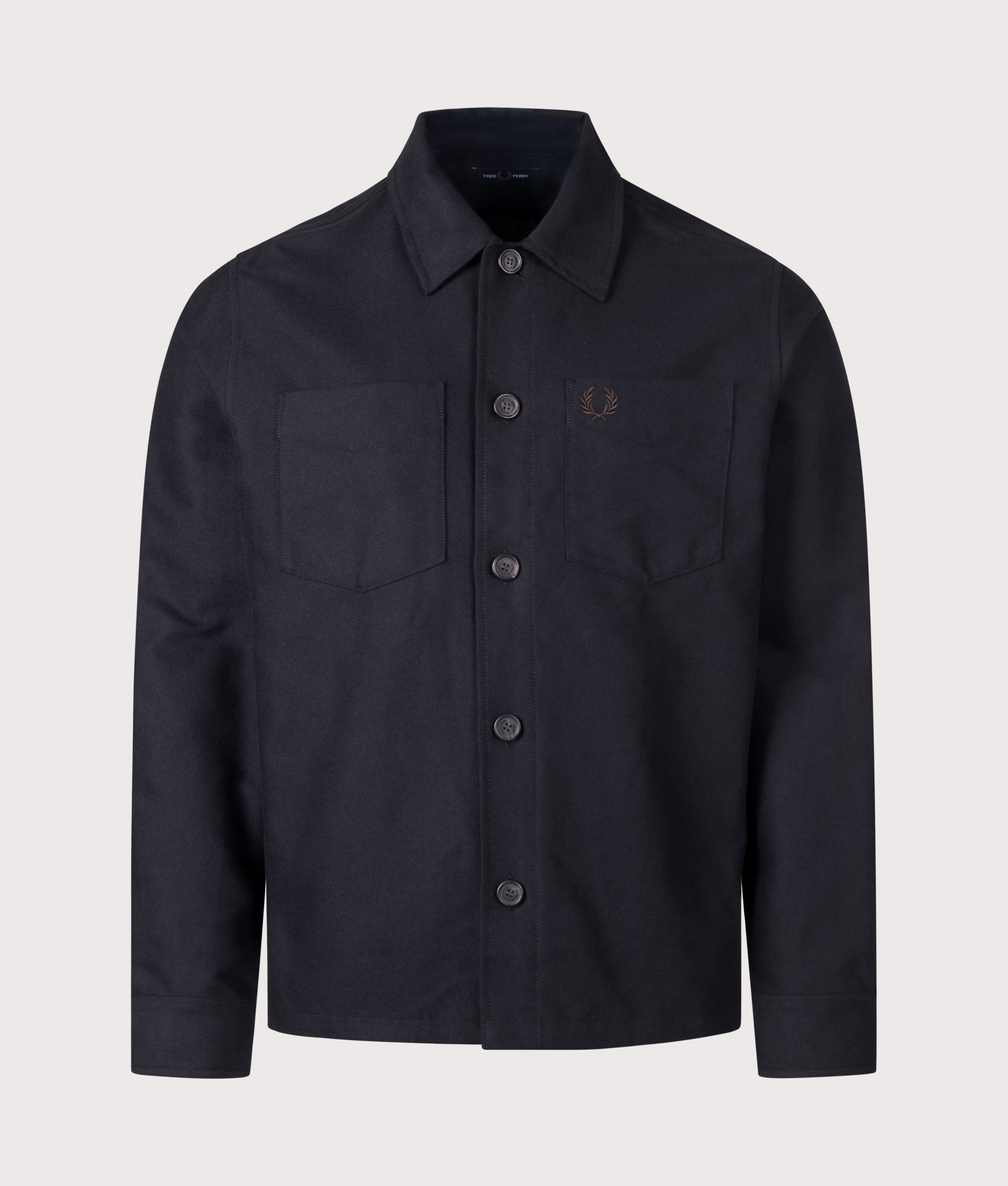 Fred Perry Regular Fit Brushed Twill Overshirt in Black at EQVVS Menswear. Front shot.