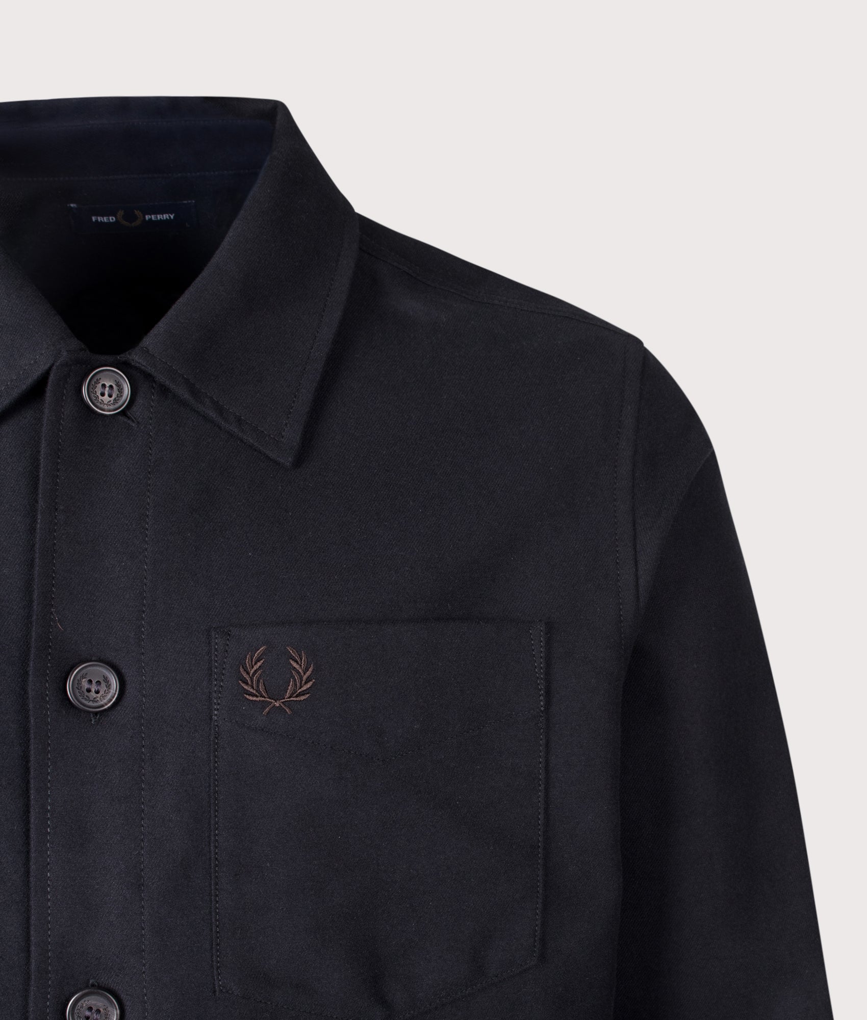 Fred Perry Regular Fit Brushed Twill Overshirt in Black at EQVVS Menswear. Detail shot.