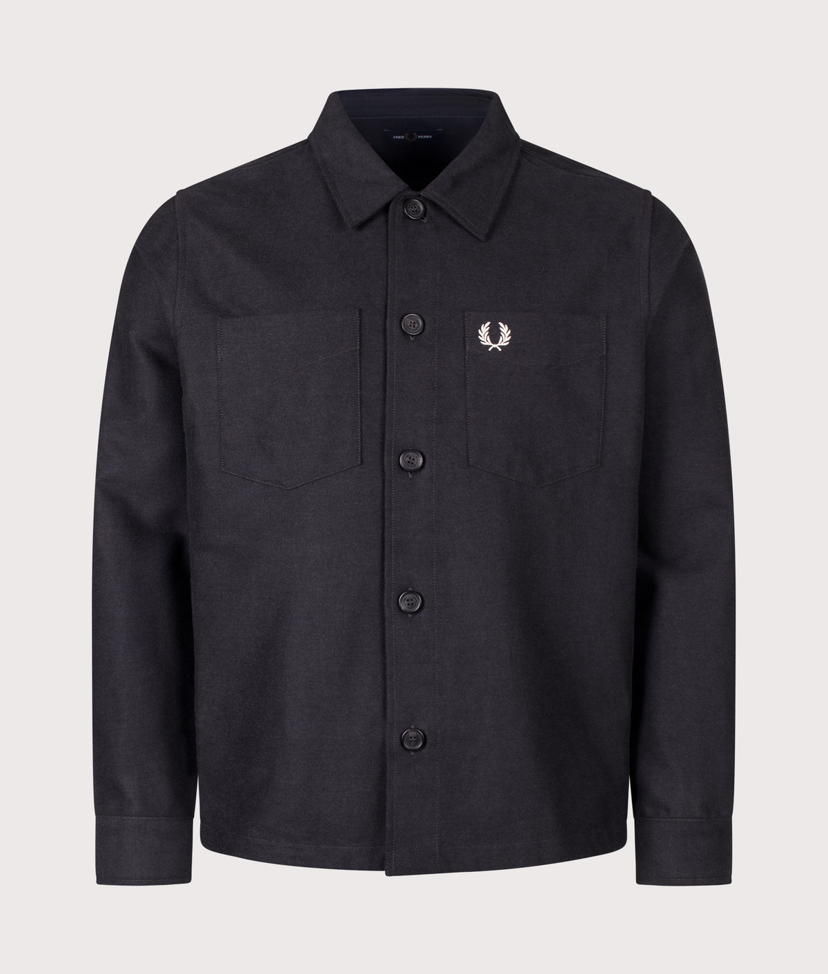 Fred Perry Regular Fit Brushed Twill Overshirt in Charcoal Marl at EQVVS Menswear. Front shot.