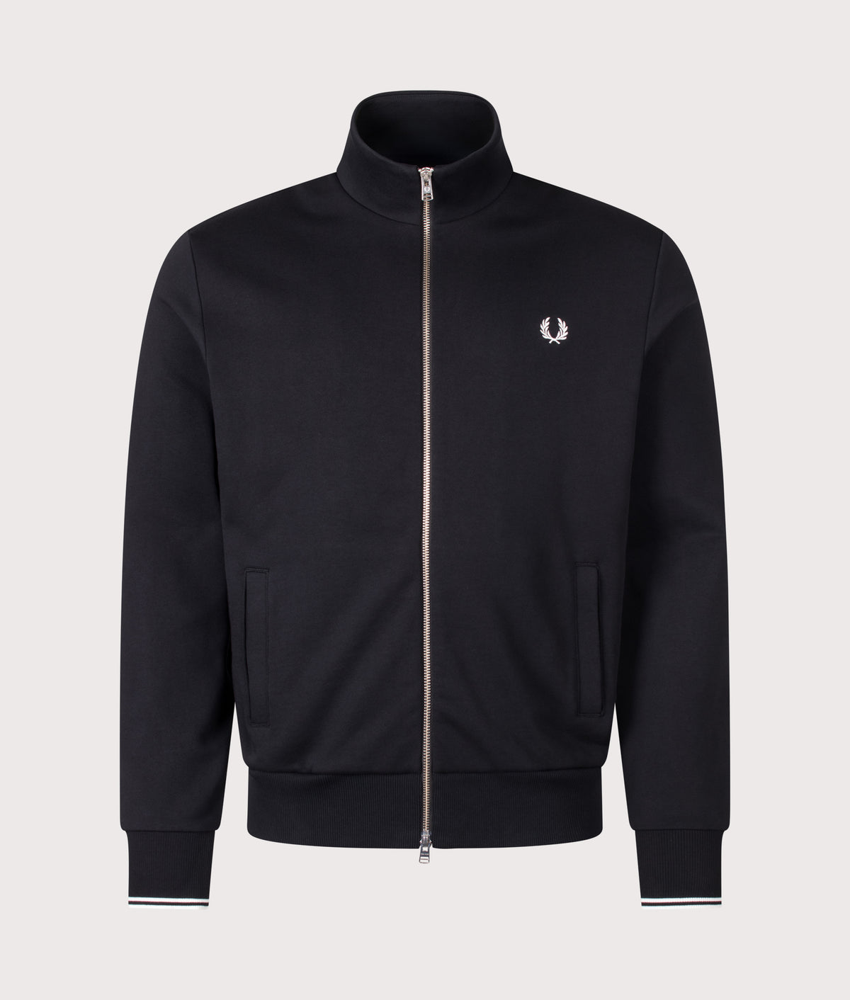 Fred Perry Regular Fit Track Top in Black at EQVVS Menswear. Front shot.