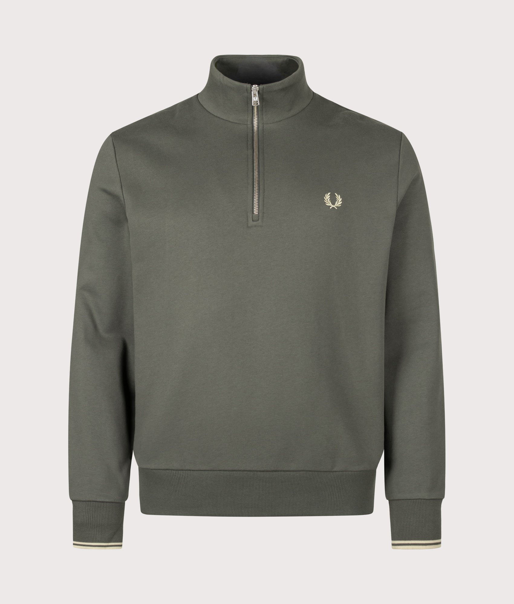 Fred Perry Regular Fit Quarter Zip Sweatshirt in Field Green and Oatmeal at EQVVS Menswear. Front shot.