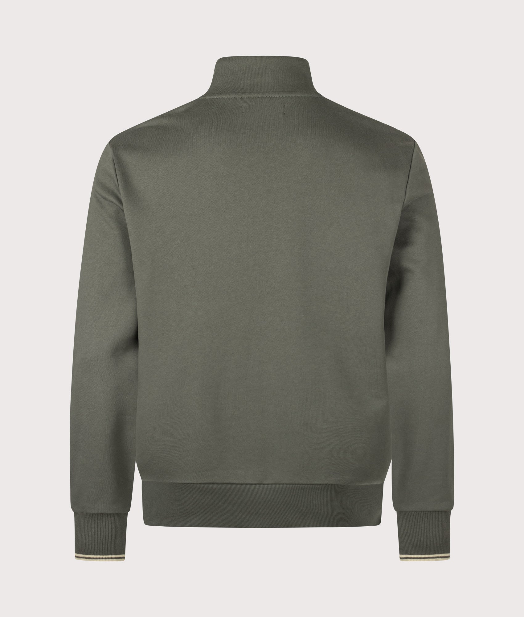 Fred Perry Regular Fit Quarter Zip Sweatshirt in Field Green and Oatmeal at EQVVS Menswear. Back shot.