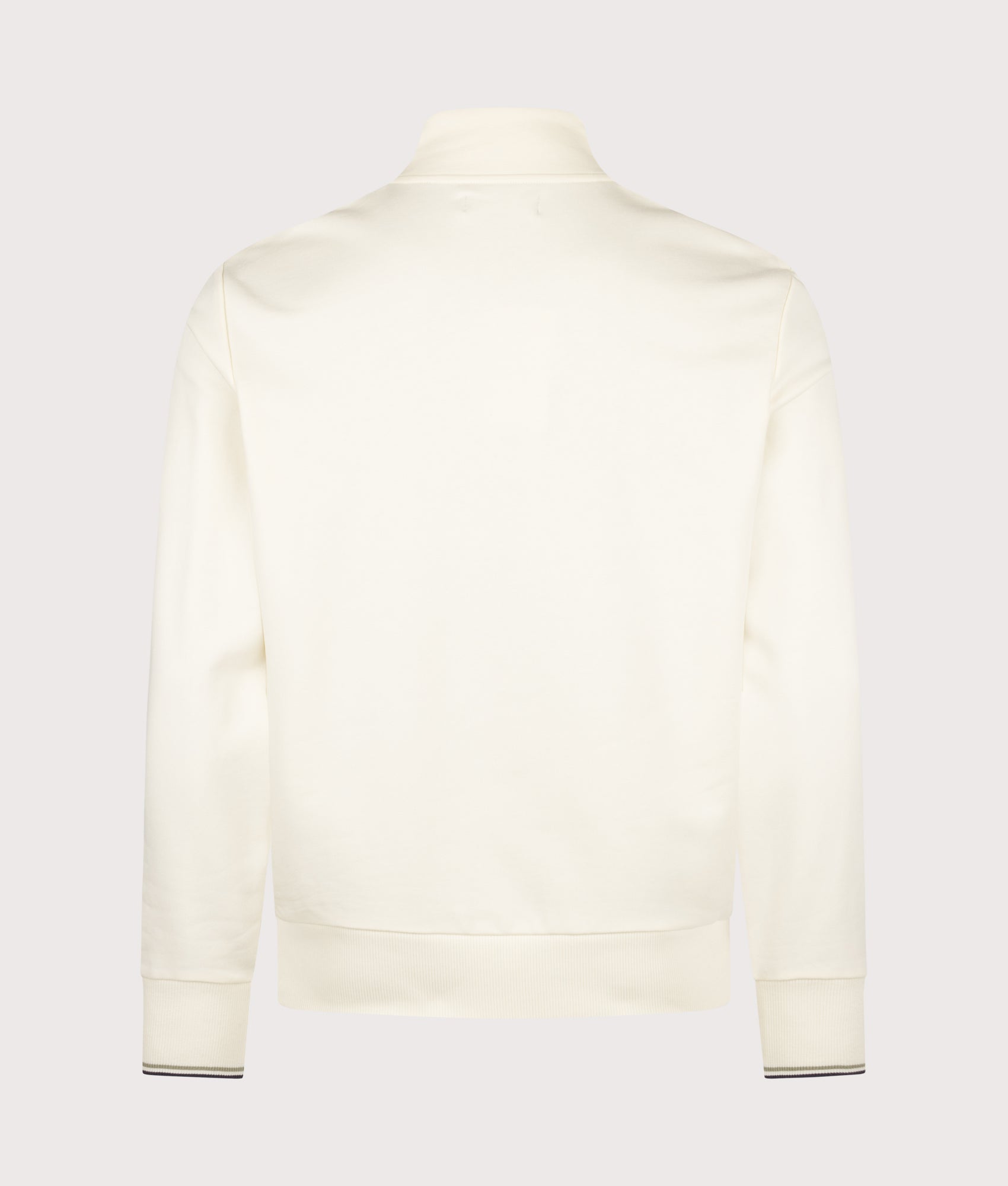 Fred Perry Regular Fit Quarter Zip Sweatshirt in Ecru, Seagrass and Dark Airforce at EQVVS Menswear. Back shot.