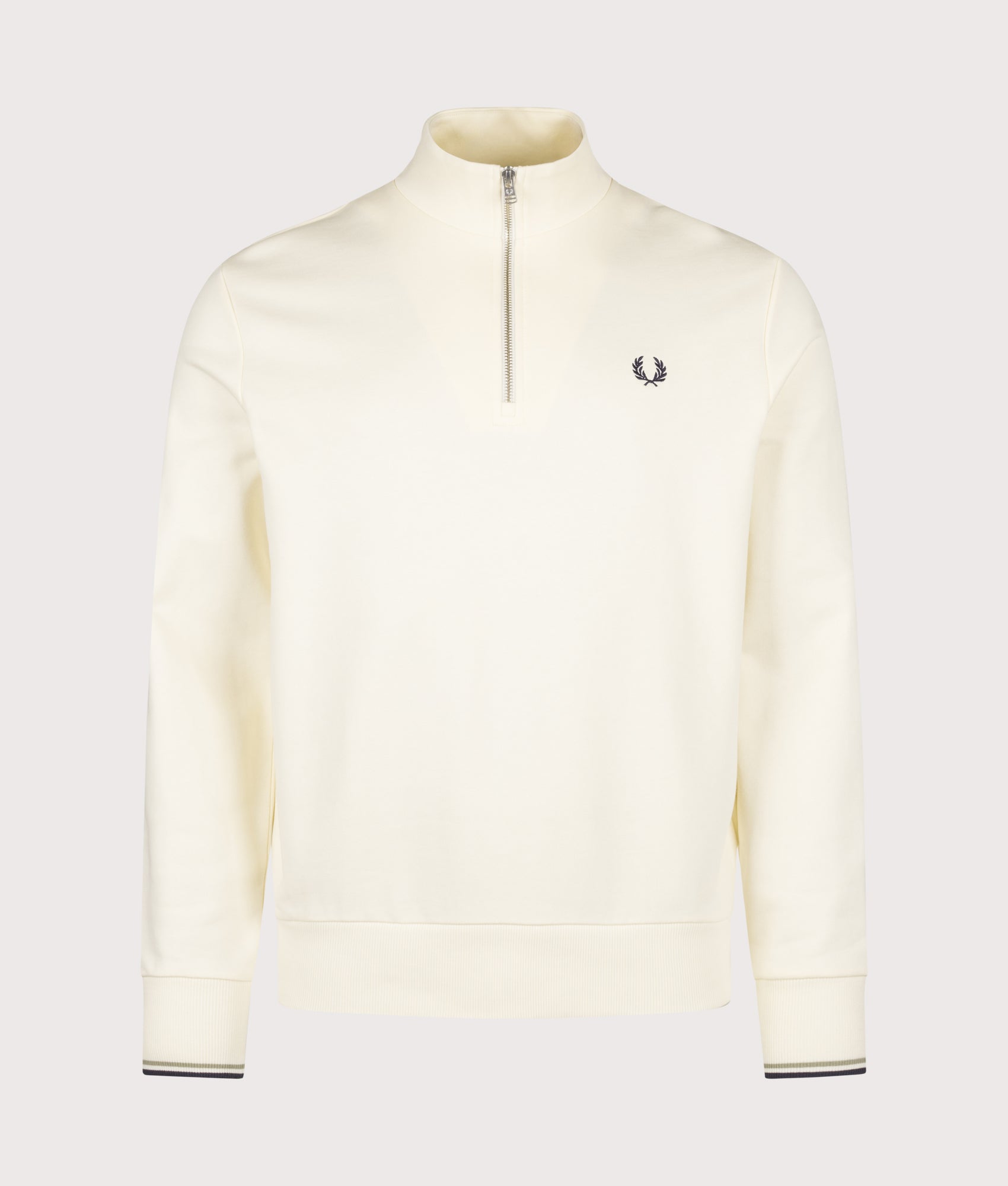 Fred Perry Regular Fit Quarter Zip Sweatshirt in Ecru, Seagrass and Dark Airforce at EQVVS Menswear. Front shot.