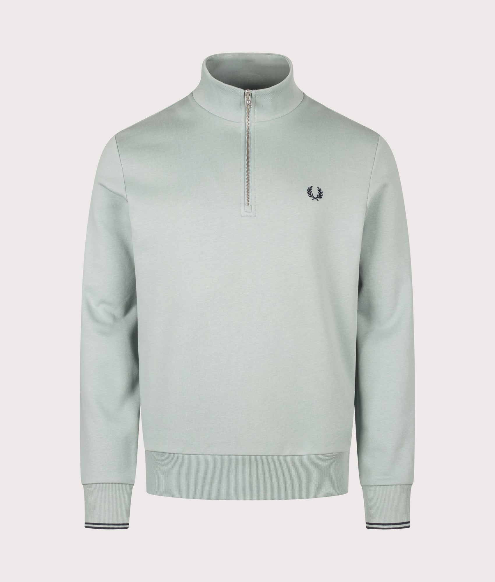 Fred Perry Regular Fit Quarter Zip Sweatshirt in Silver Blue and Dark Airforce at EQVVS Menswear. Front shot.