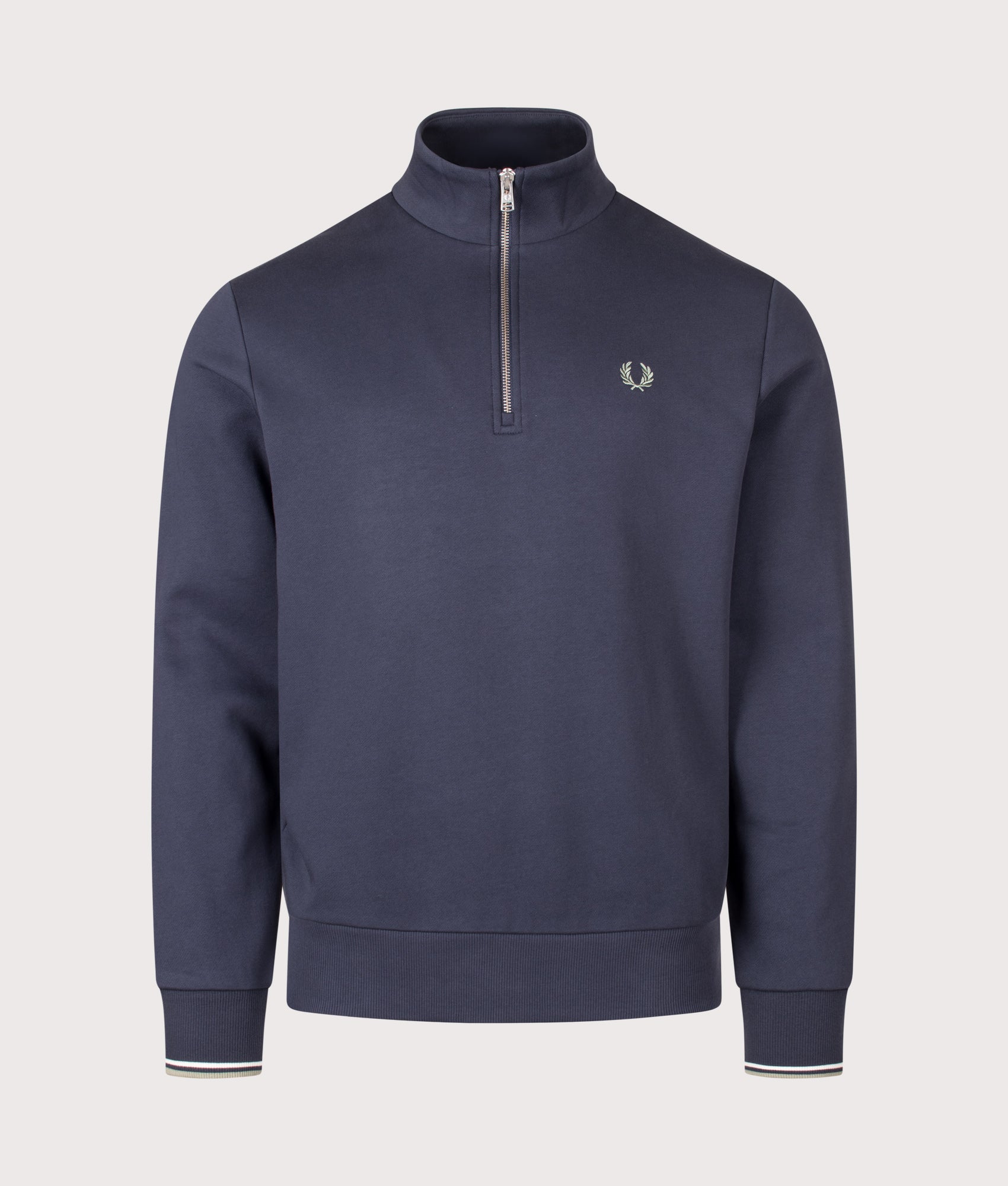 Fred Perry Regular Fit Quarter Zip Sweatshirt in Dark Airforce, Ecru and Seagrass at EQVVS Menswear. Front shot.
