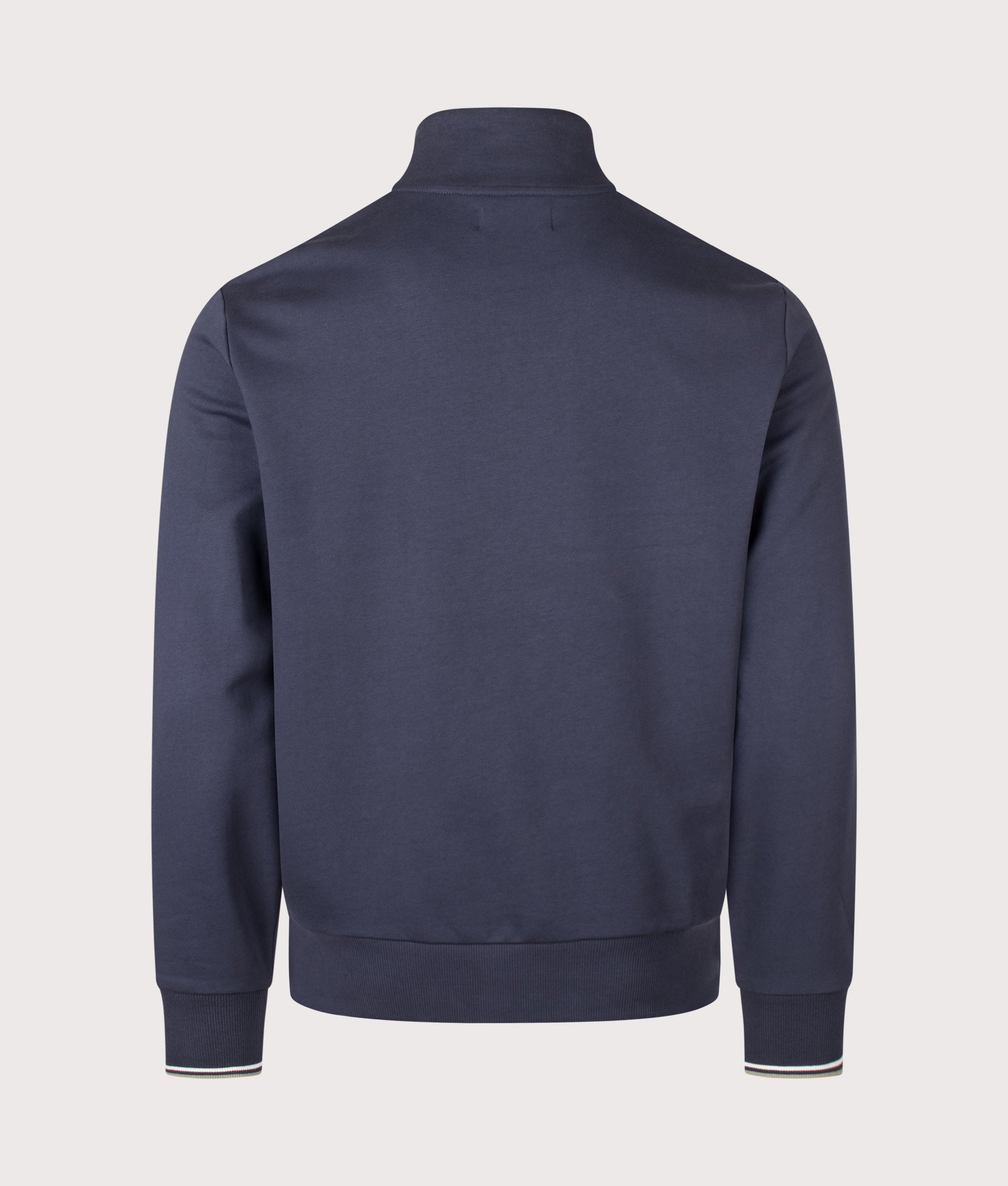 Fred Perry Regular Fit Quarter Zip Sweatshirt in Dark Airforce, Ecru and Seagrass at EQVVS Menswear. Back shot.