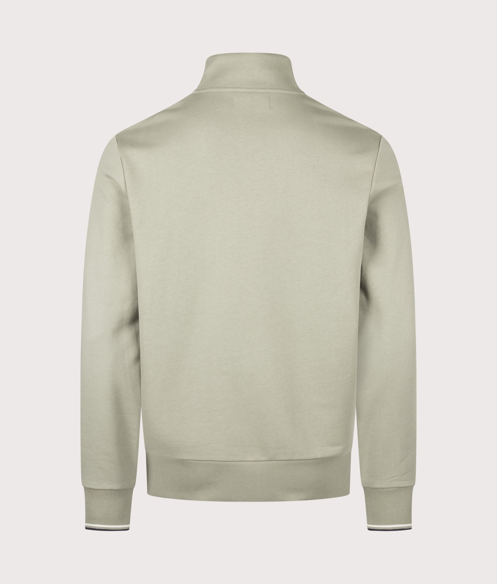 Fred Perry Regular Fit Quarter Zip Sweatshirt in Seagrass, Ecru and Dark Airforce at EQVVS Menswear. Back shot.