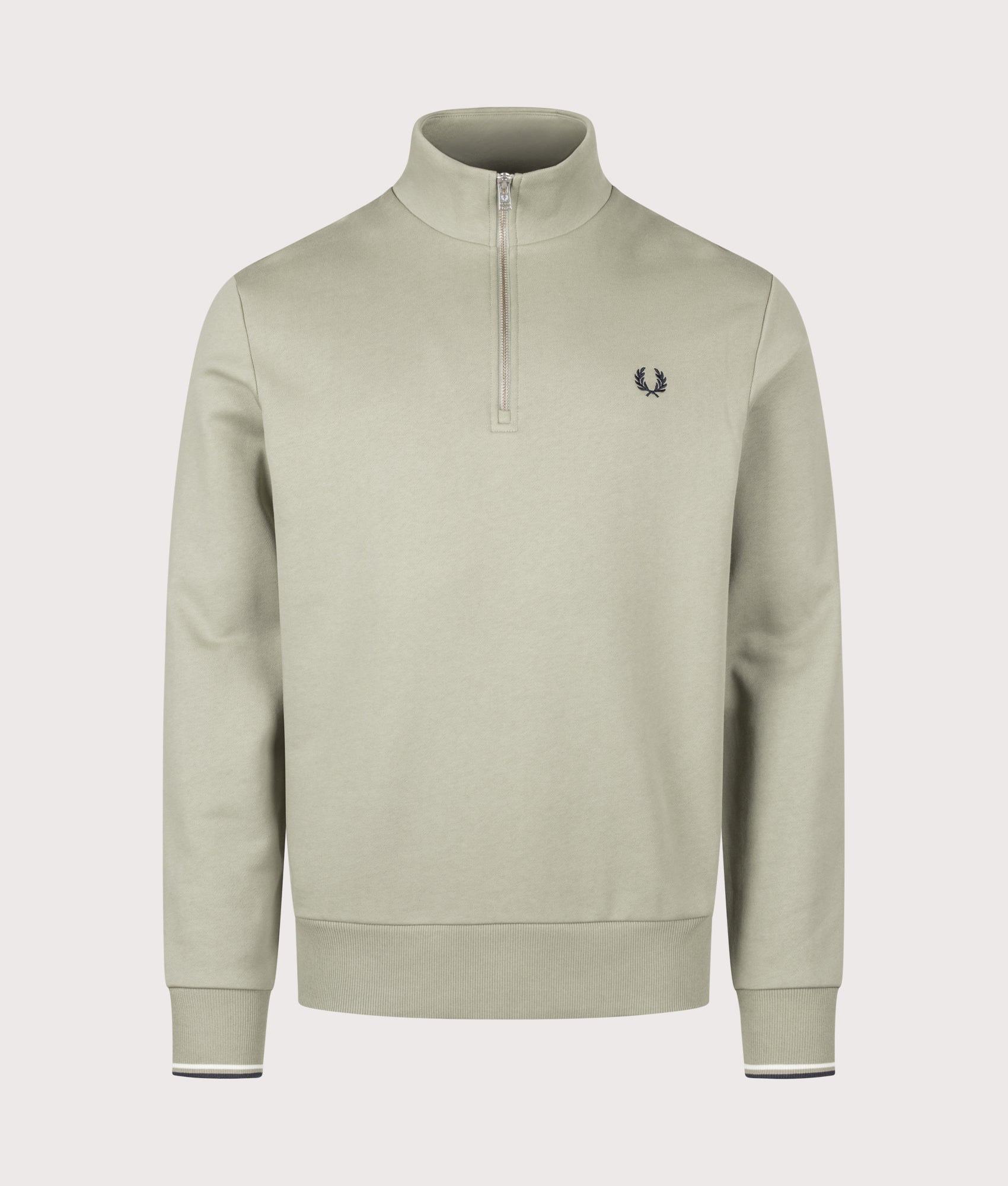 Fred Perry Regular Fit Quarter Zip Sweatshirt in Seagrass, Ecru and Dark Airforce at EQVVS Menswear. Front shot.
