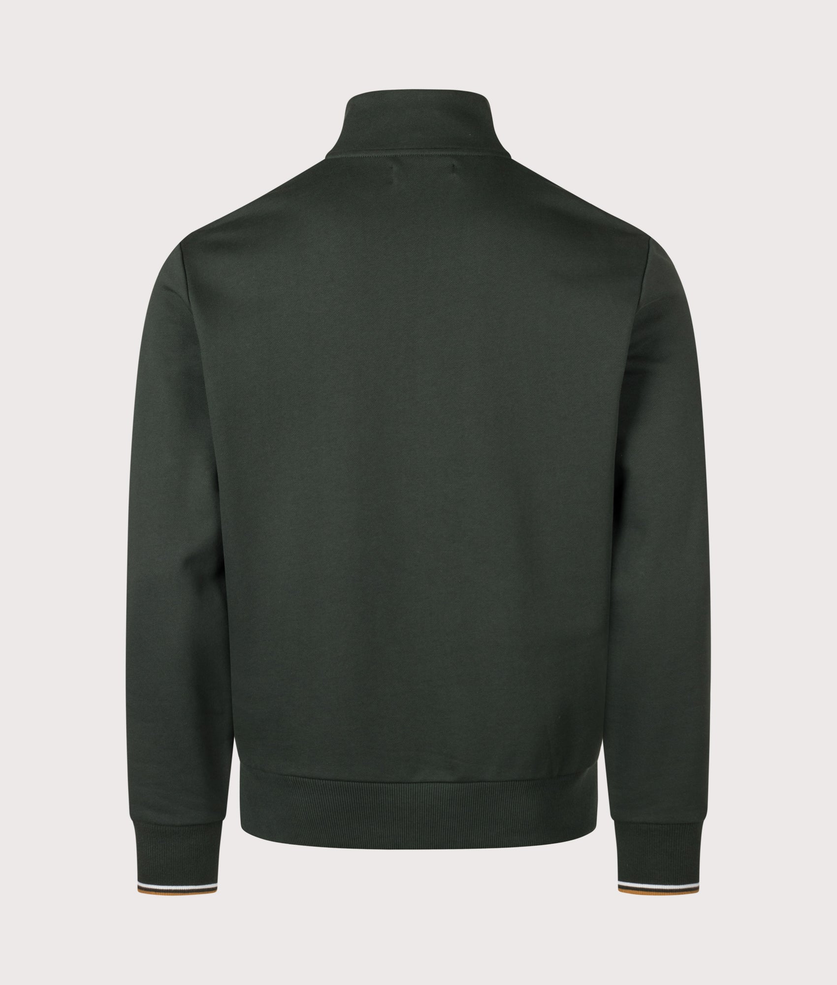Fred Perry Regular Fit Quarter Zip Sweatshirt in Night Green, Dusky Blue and Dark Caramel at EQVVS Menswear. Back shot.