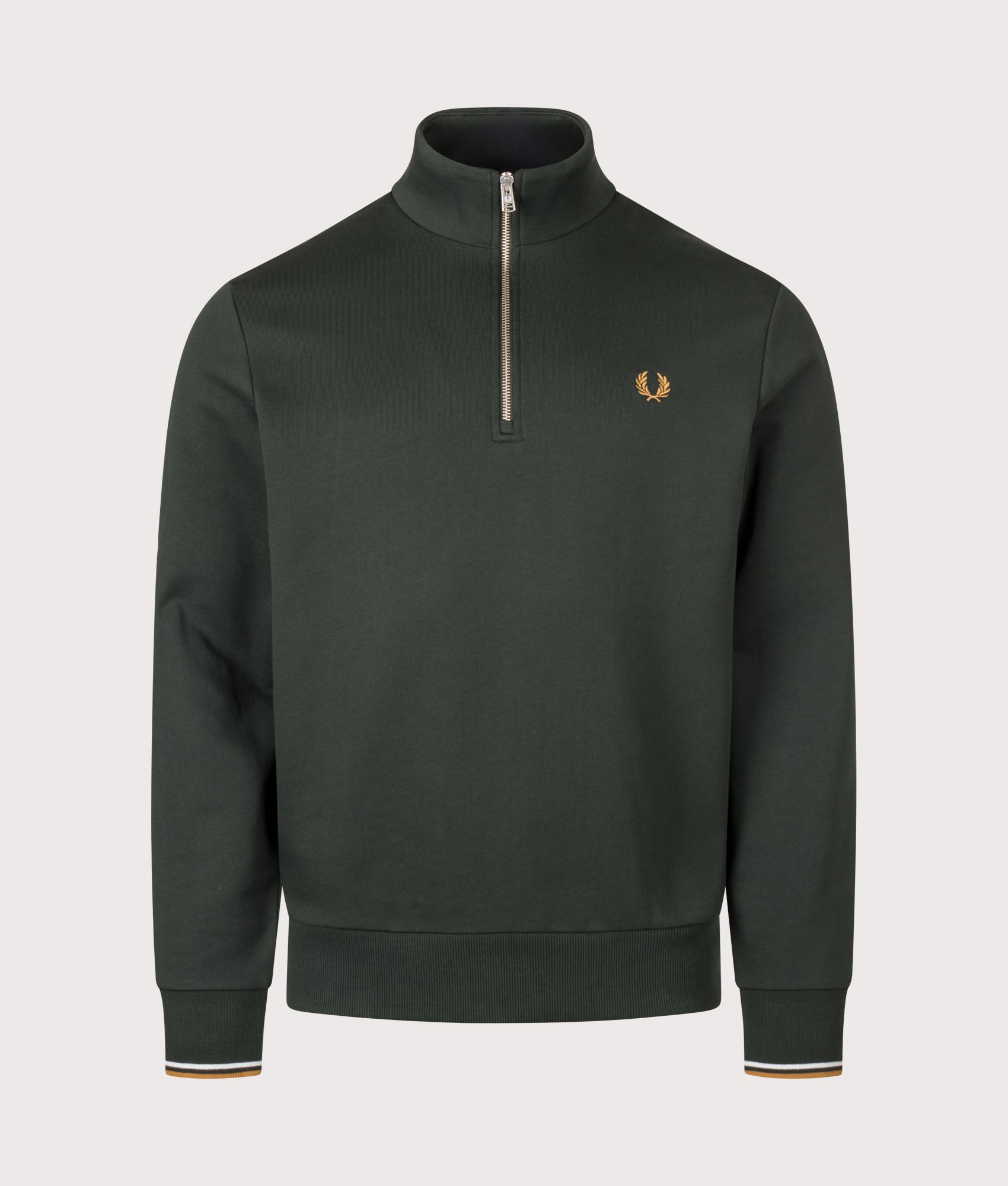 Fred Perry Regular Fit Quarter Zip Sweatshirt in Night Green, Dusky Blue and Dark Caramel at EQVVS Menswear. Front shot.