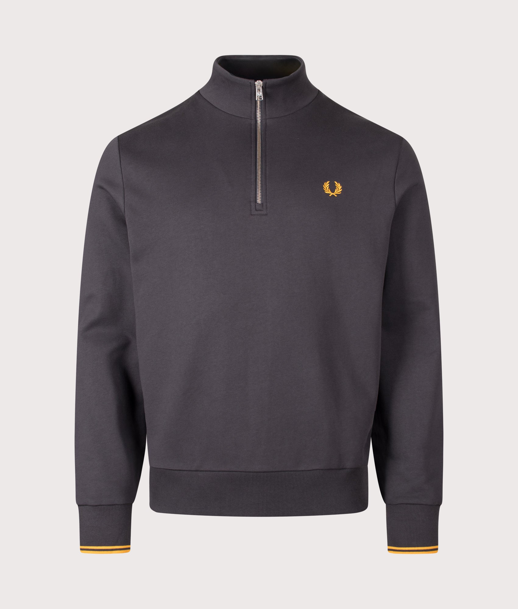 Fred Perry Regular Fit Quarter Zip Sweatshirt in Anchor Grey and Golden at EQVVS Menswear. Front shot.