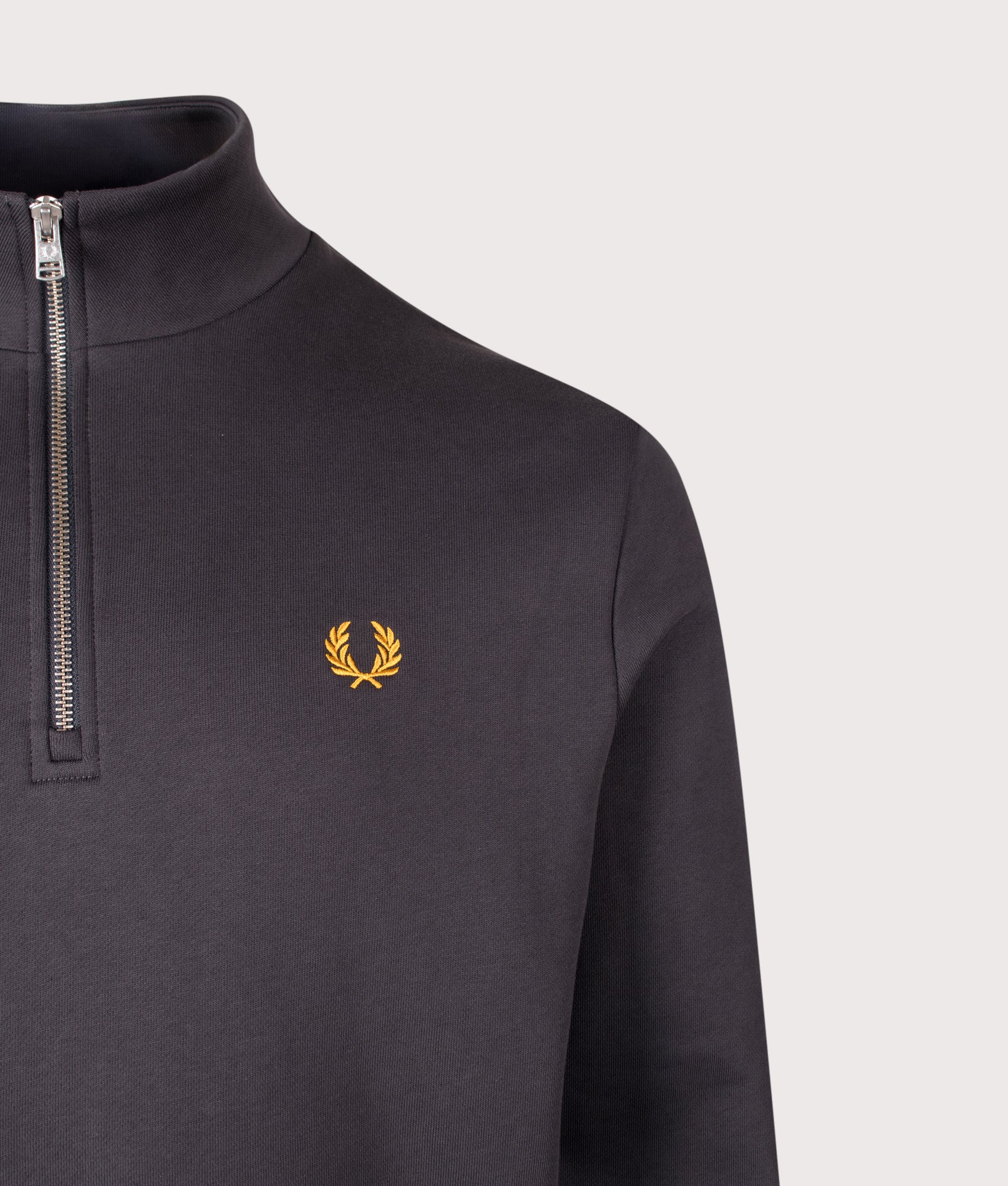 Fred Perry Regular Fit Quarter Zip Sweatshirt in Anchor Grey and Golden at EQVVS Menswear. Detail shot.
