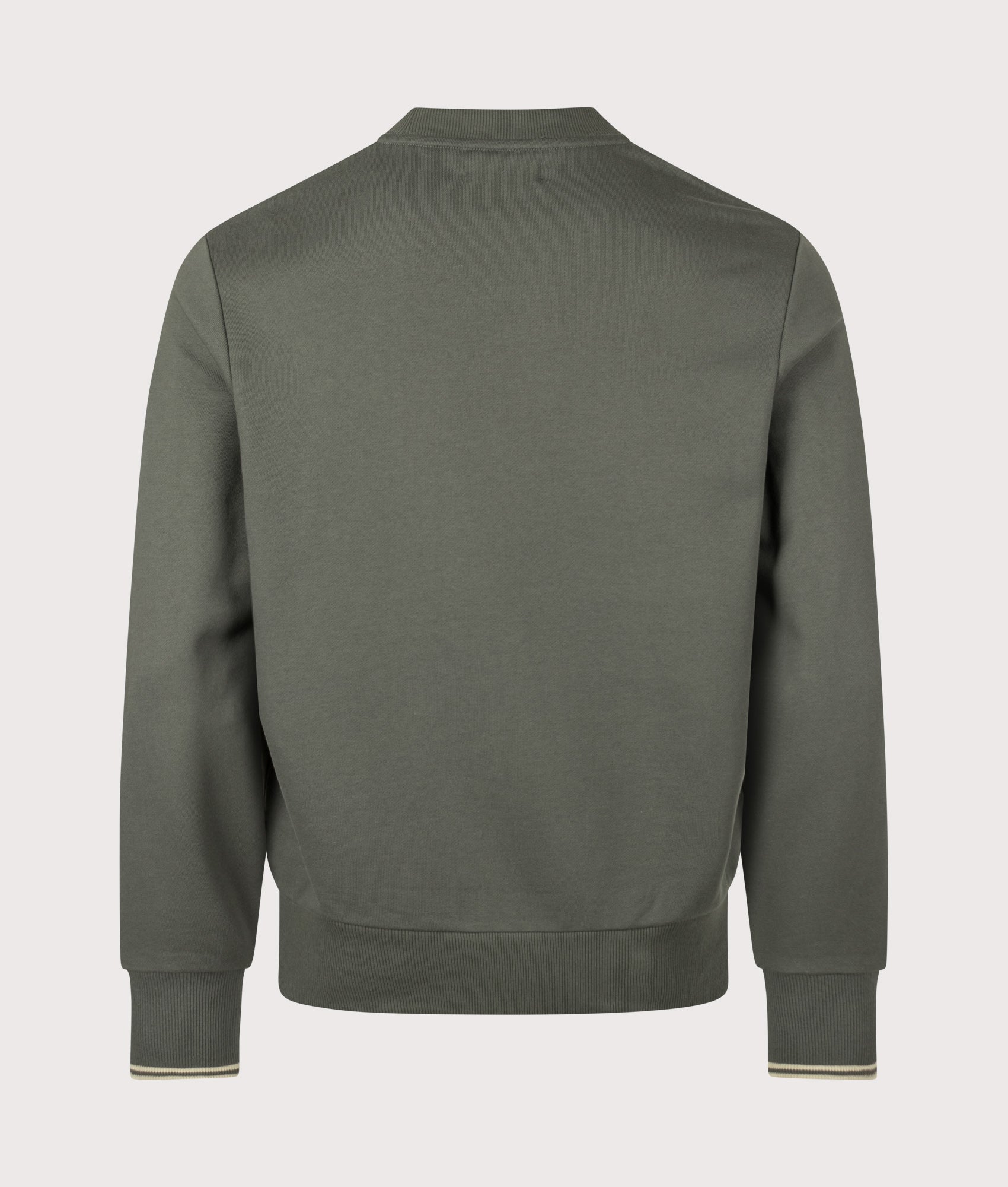 Fred Perry Regular Fit Crew Neck Sweatshirt in Field Green and Oatmeal at EQVVS Menswear. Back shot.