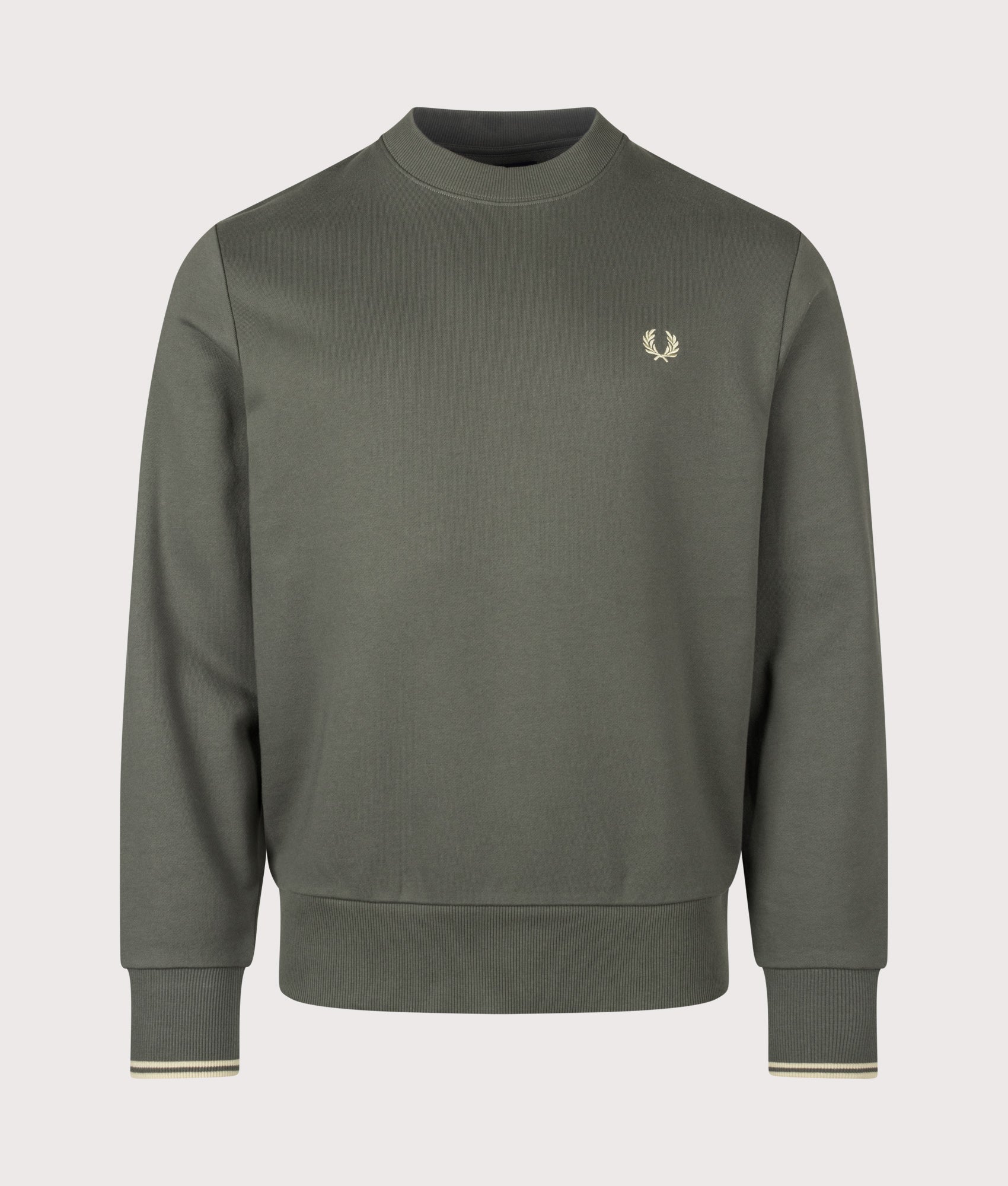 Fred Perry Regular Fit Crew Neck Sweatshirt in Field Green and Oatmeal at EQVVS Menswear. Front shot.
