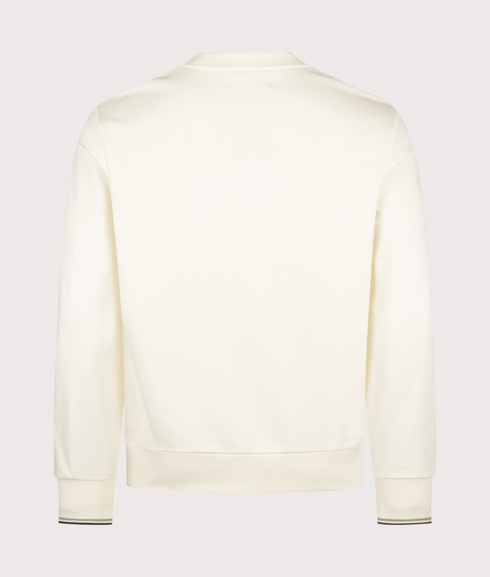 Fred Perry Regular Fit Crew Neck Sweatshirt in Ecru, Seagrass and Dark Airforce at EQVVS Menswear. Back shot.
