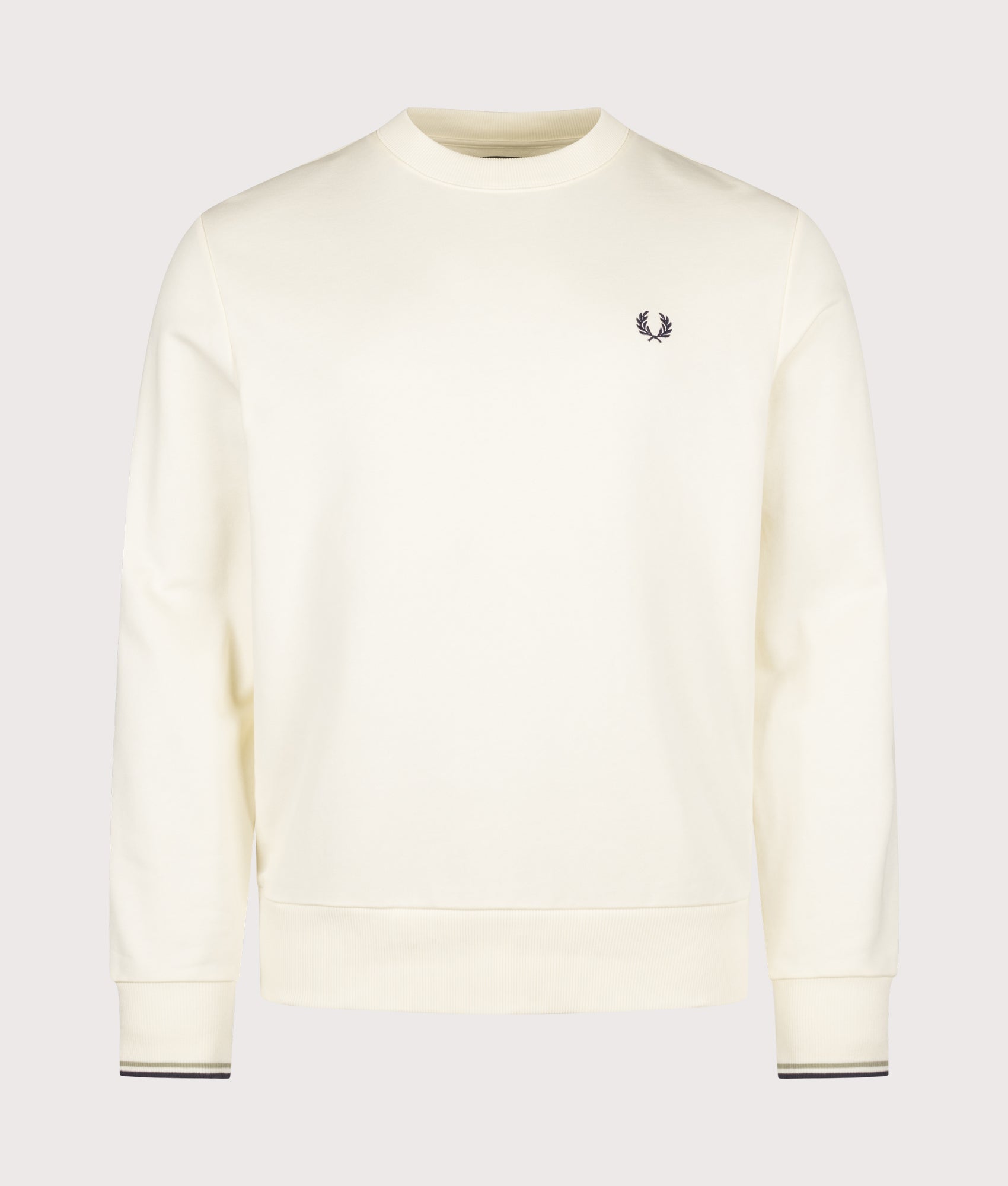 Fred Perry Regular Fit Crew Neck Sweatshirt in Ecru, Seagrass and Dark Airforce at EQVVS Menswear. Front shot.