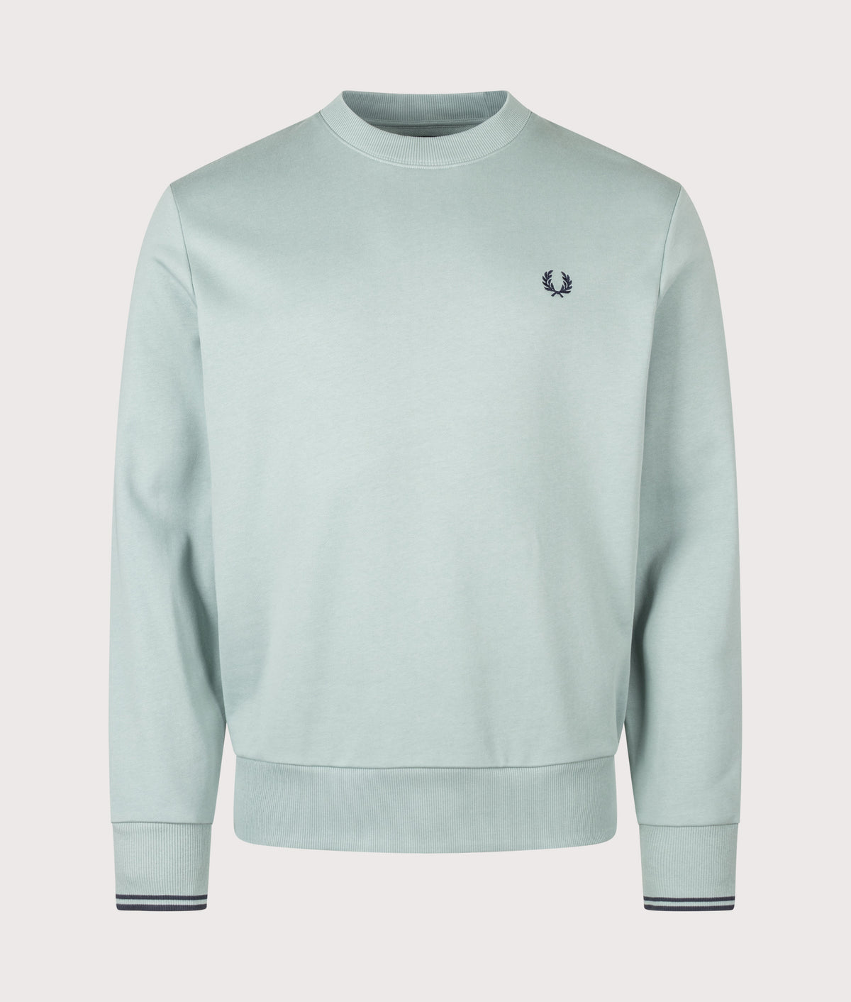 Fred Perry Regular Fit Crew Neck Sweatshirt in Silver Blue and Dark Airforce at EQVVS Menswear. Front shot.
