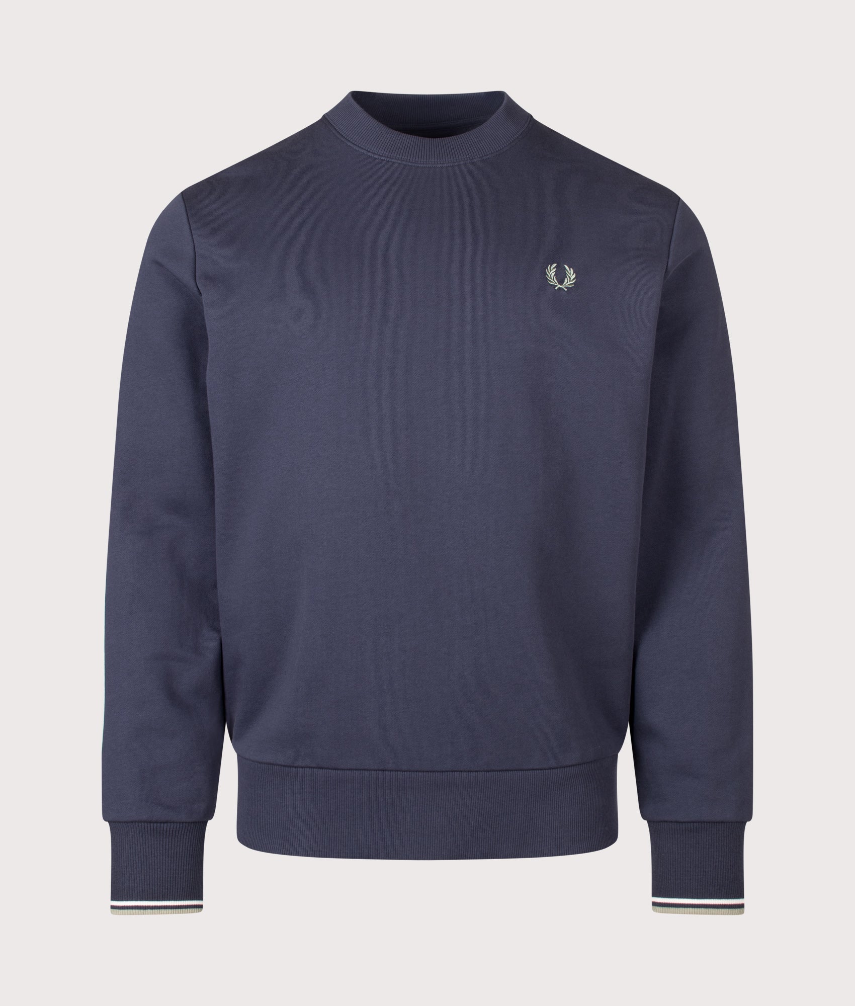 Fred Perry Regular Fit Crew Neck Sweatshirt in Dark Airforce, Ecru and Seagrass at EQVVS Menswear. Front shot.