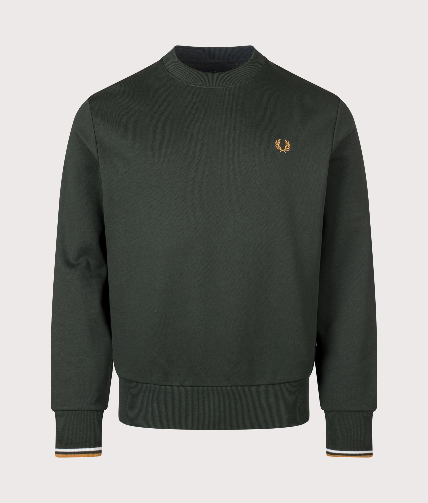 Fred Perry Regular Fit Crew Neck Sweatshirt in Night Green, Dusky Blue and Dark Caramel at EQVVS Menswear. Front shot.