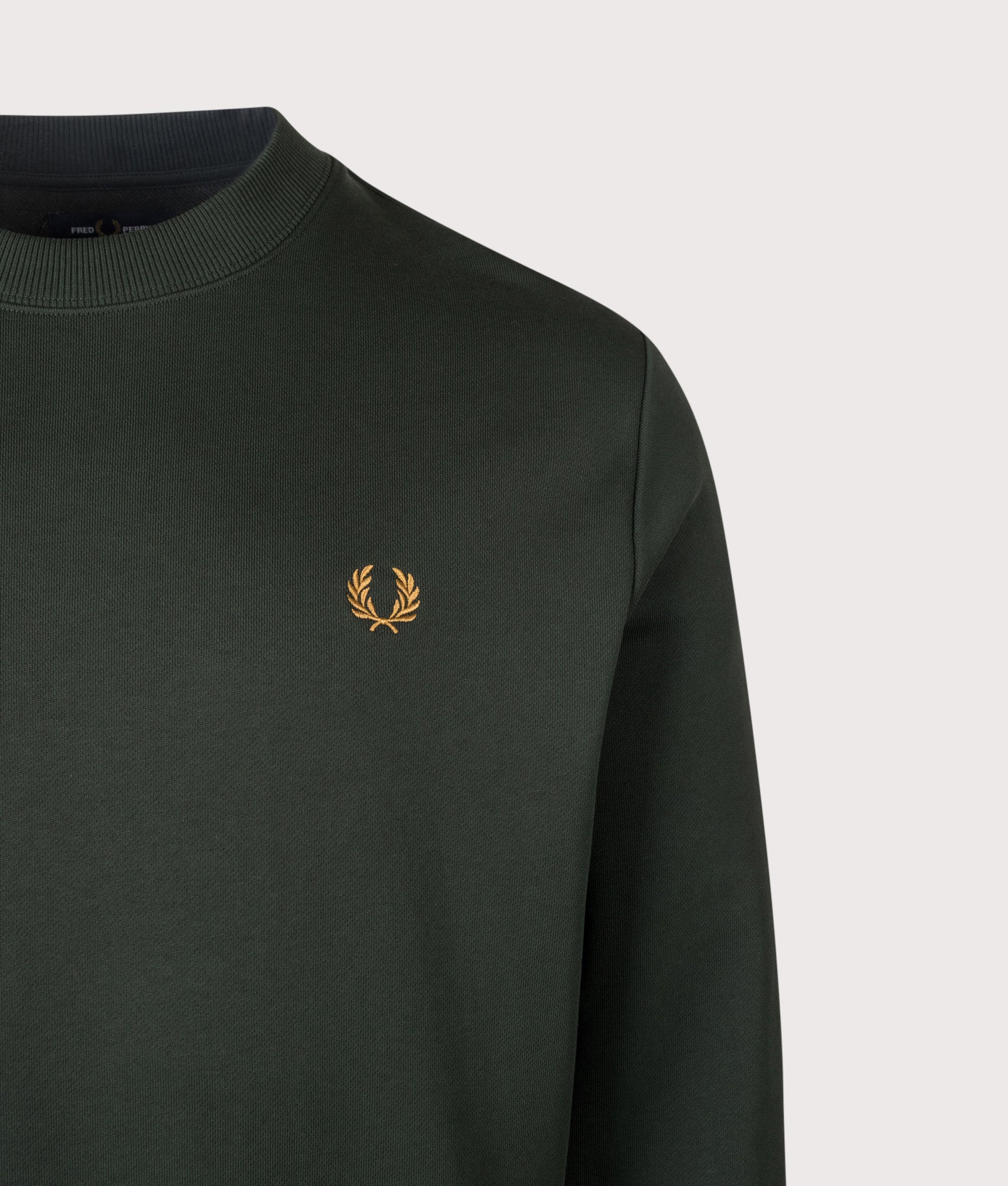 Fred Perry Regular Fit Crew Neck Sweatshirt in Night Green, Dusky Blue and Dark Caramel at EQVVS Menswear. Detail shot.