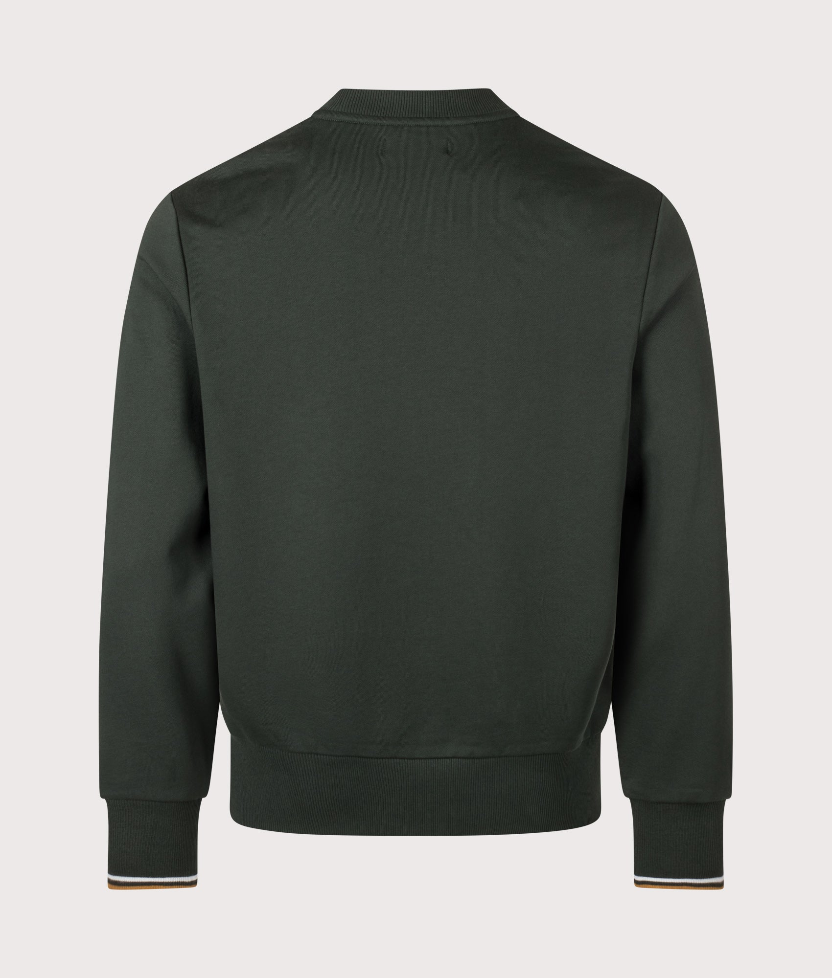 Fred Perry Regular Fit Crew Neck Sweatshirt in Night Green, Dusky Blue and Dark Caramel at EQVVS Menswear. Back shot.