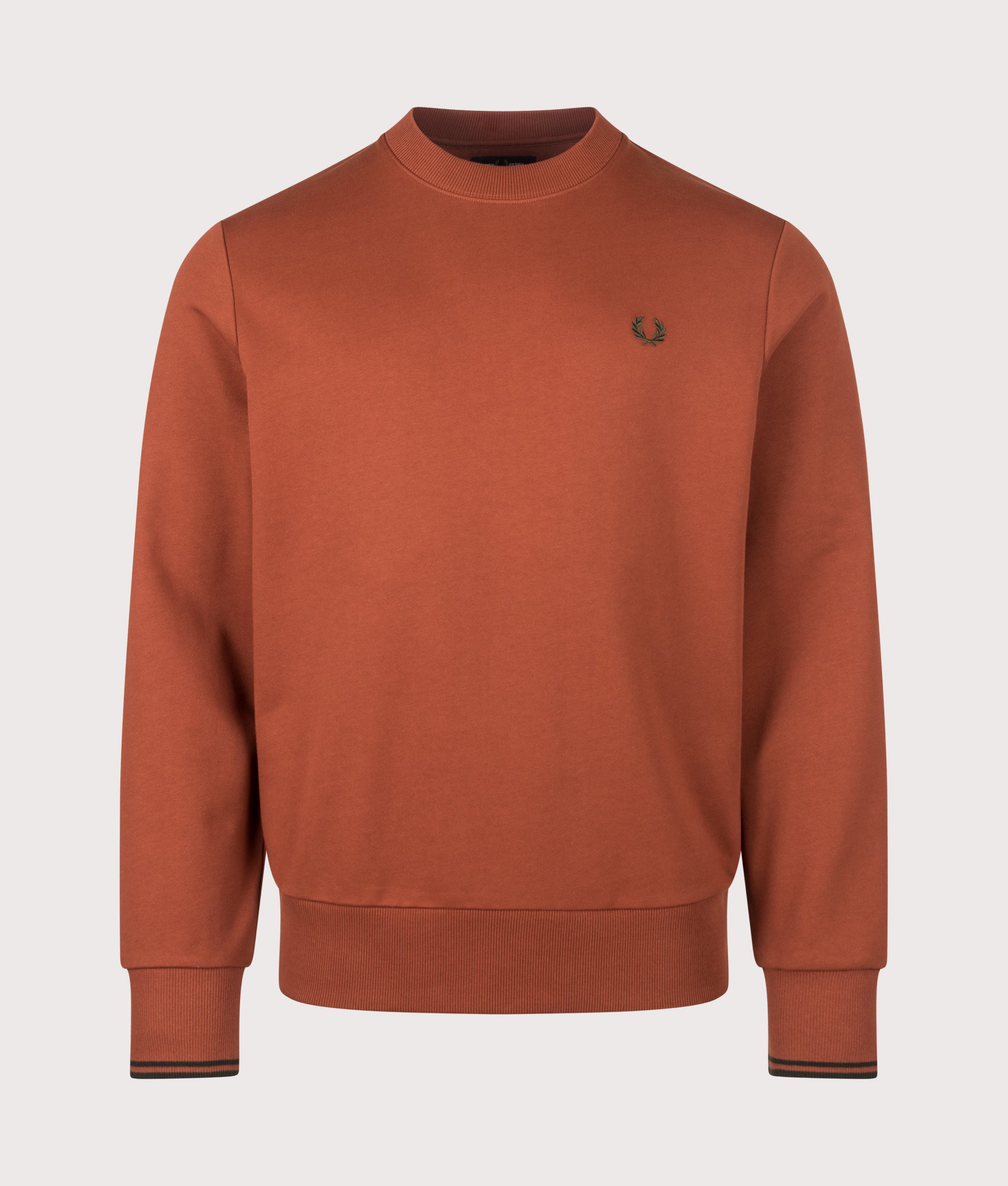 Fred Perry Regular Fit Crew Neck Sweatshirt in Brandy and Night Green at EQVVS Menswear. Front shot.